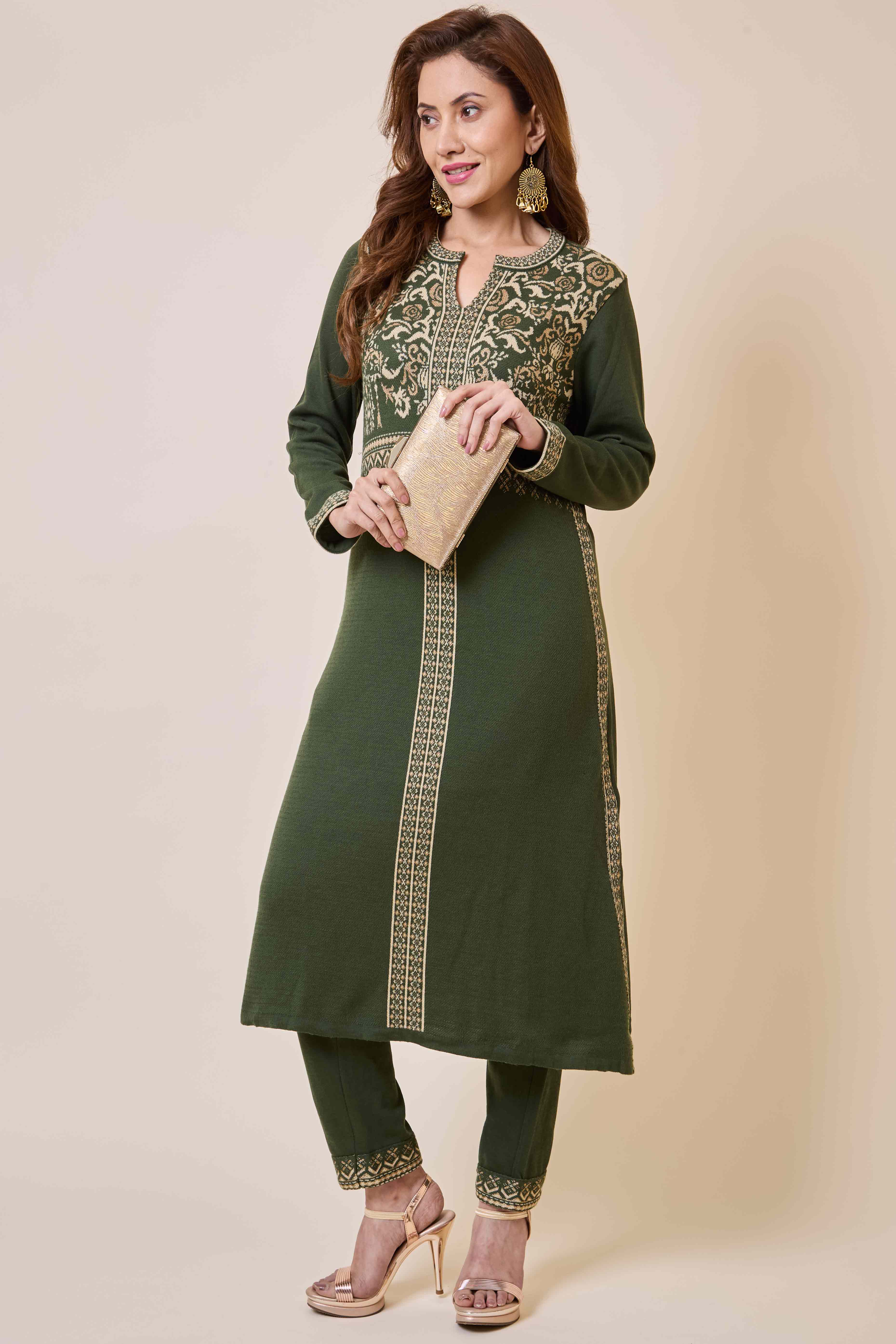 Mehandi Green Floral Woolen Salwar Suit