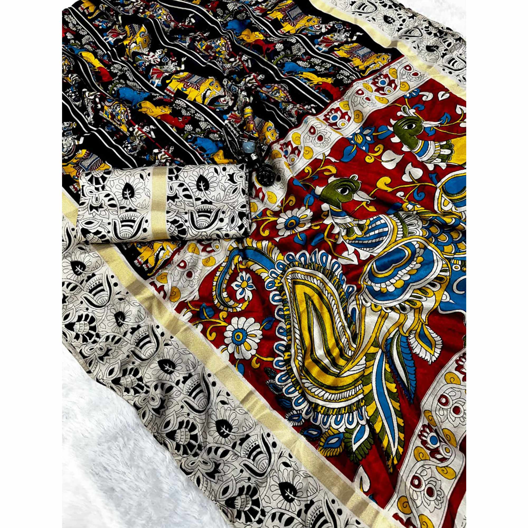 Grey & Black Kalamkari Printed Pure Mulmul Cotton Saree