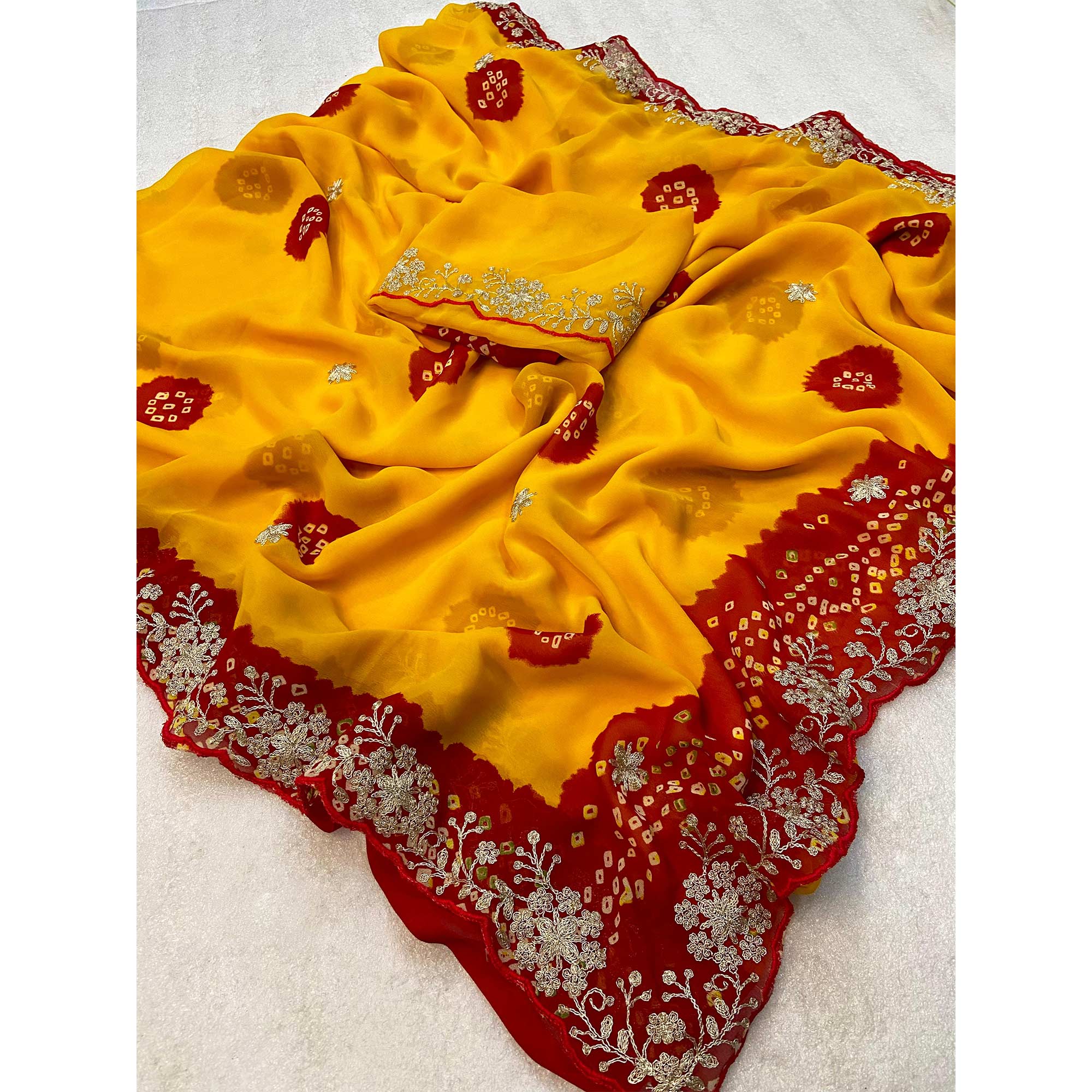 Yellow Bandhani Printed Georgette Saree With Embroidered Border