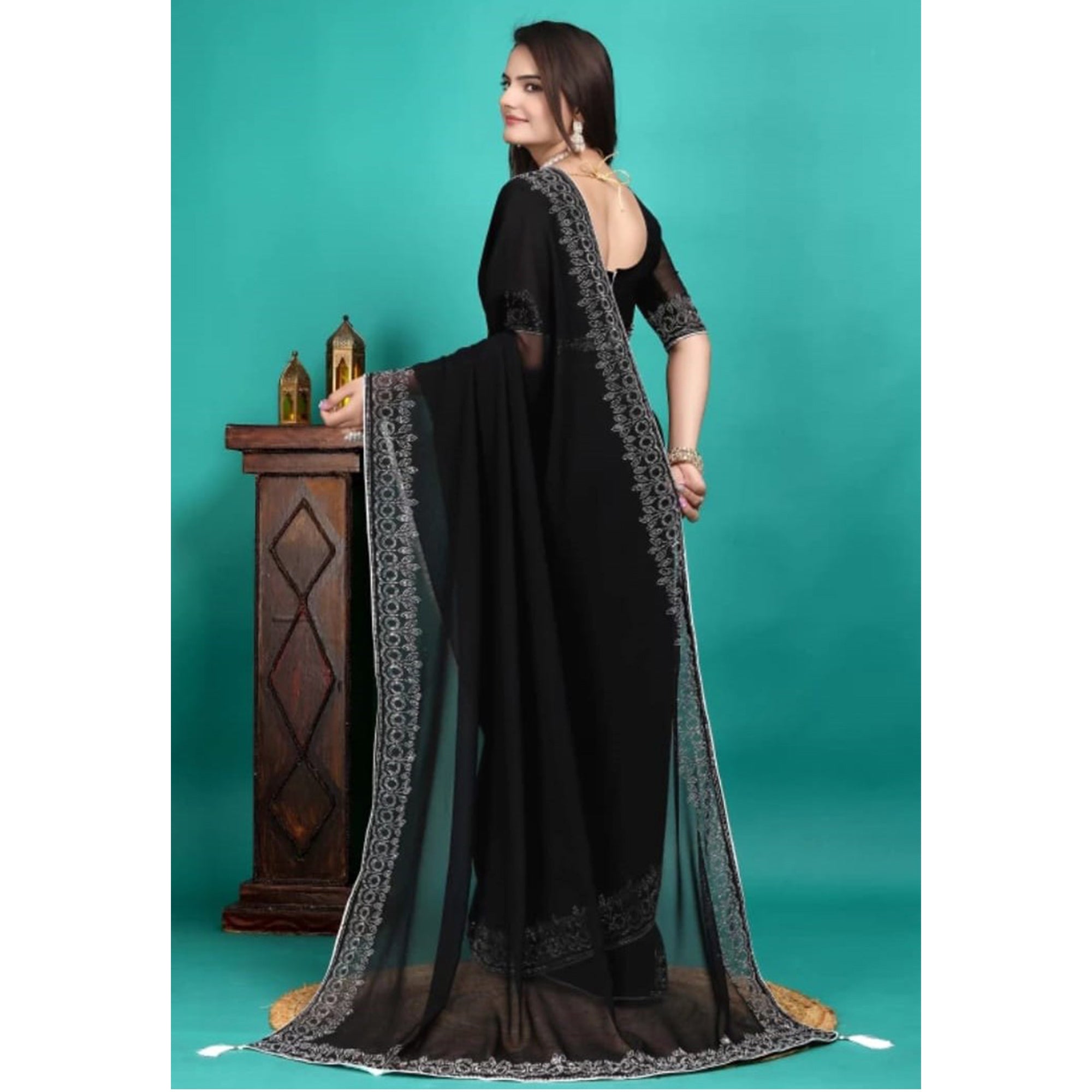 Black Swarovski Work Embroidered Georgette Saree