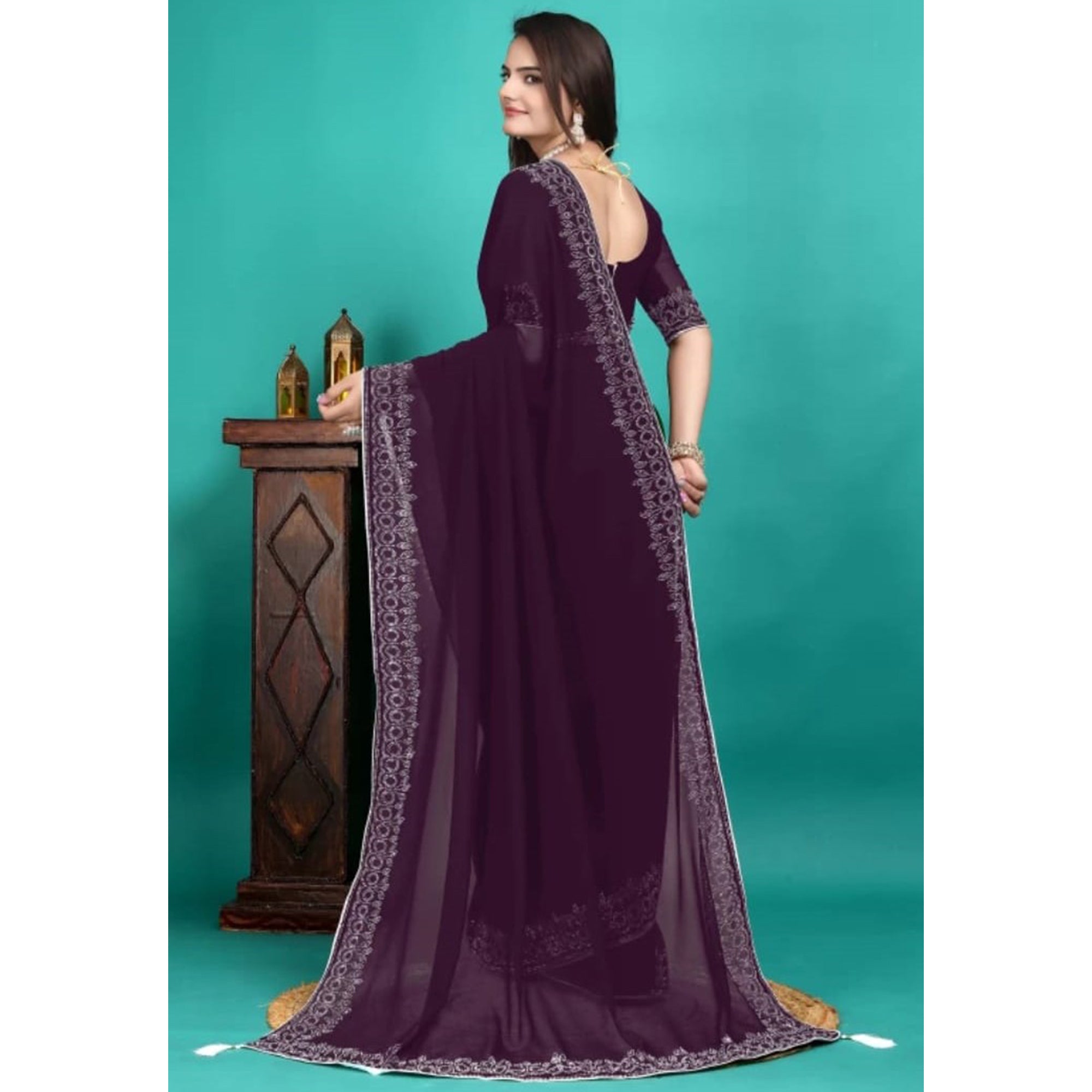 Purple Swarovski Work Embroidered Georgette Saree