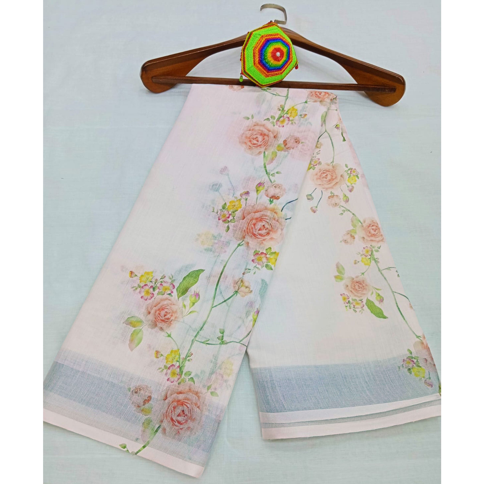 White Floral Digital Printed Linen Saree