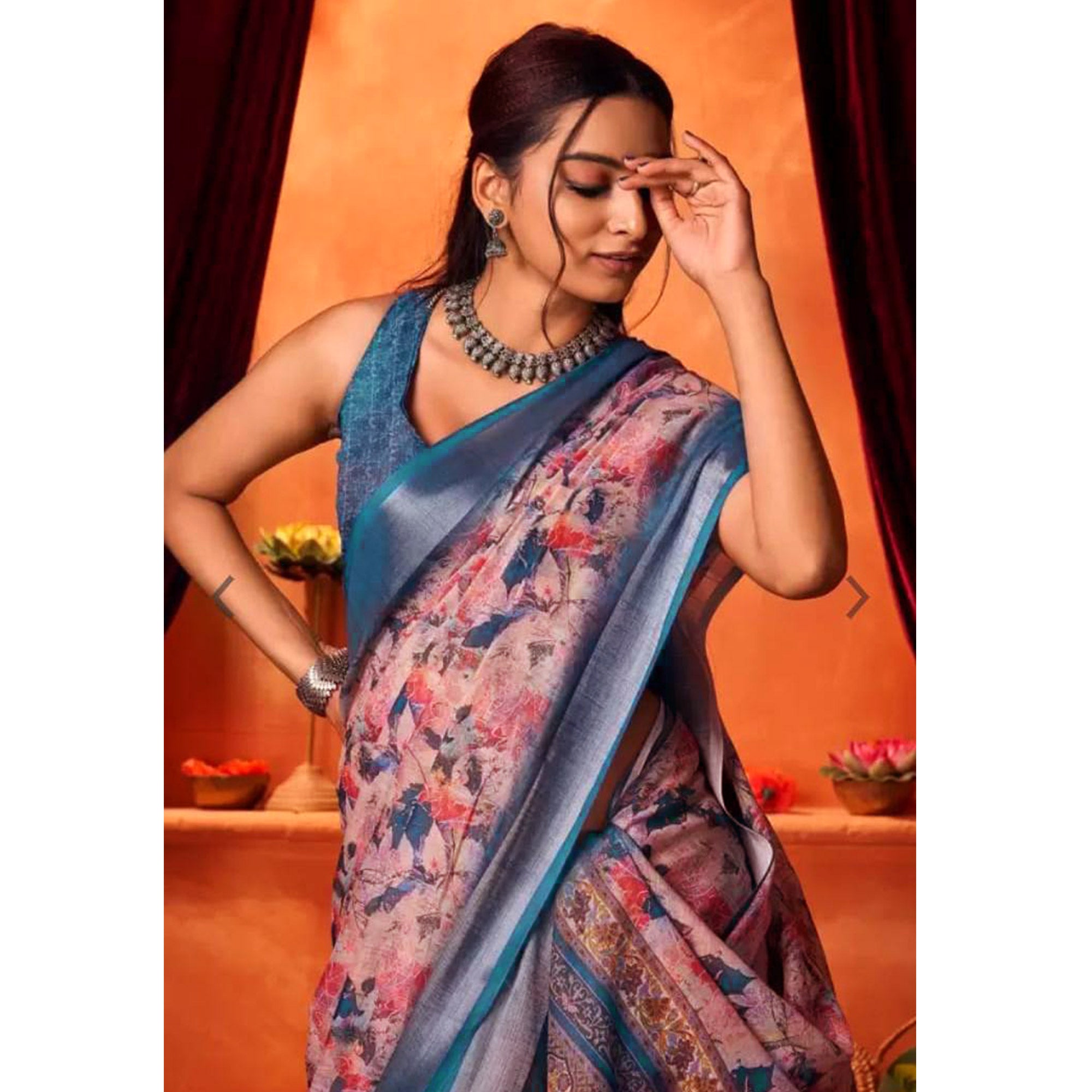 Peach & Blue Floral Printed Linen Saree