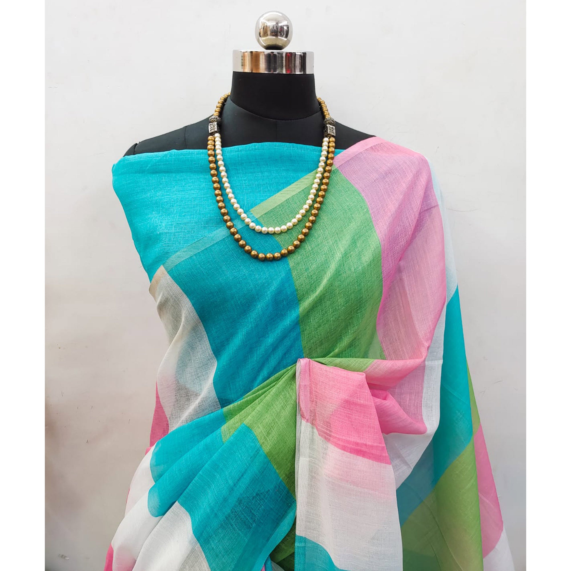 Multicolor Striped Printed Linen Saree