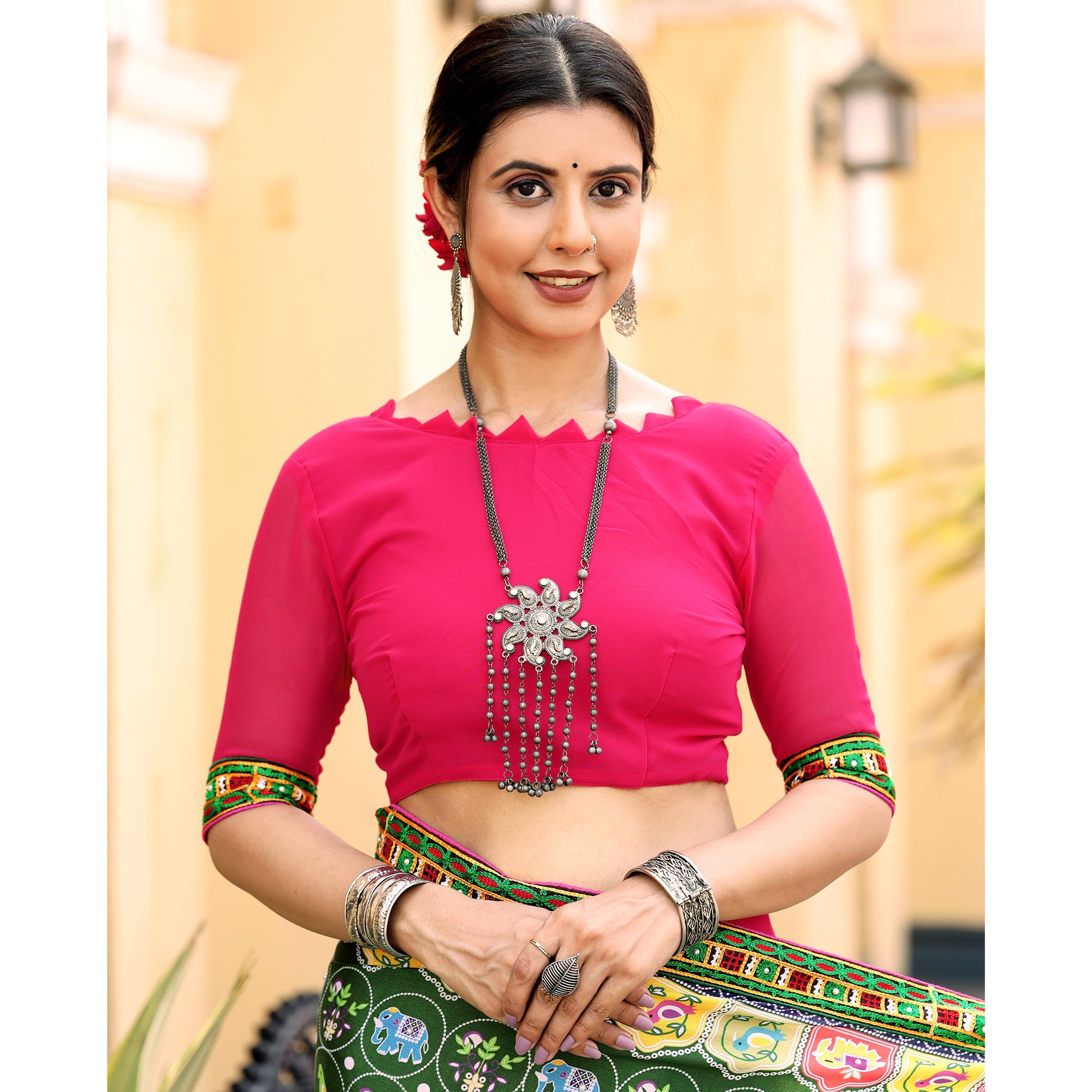 Pink & Green Patola Print With Embroidered Georgette Half & Half Saree