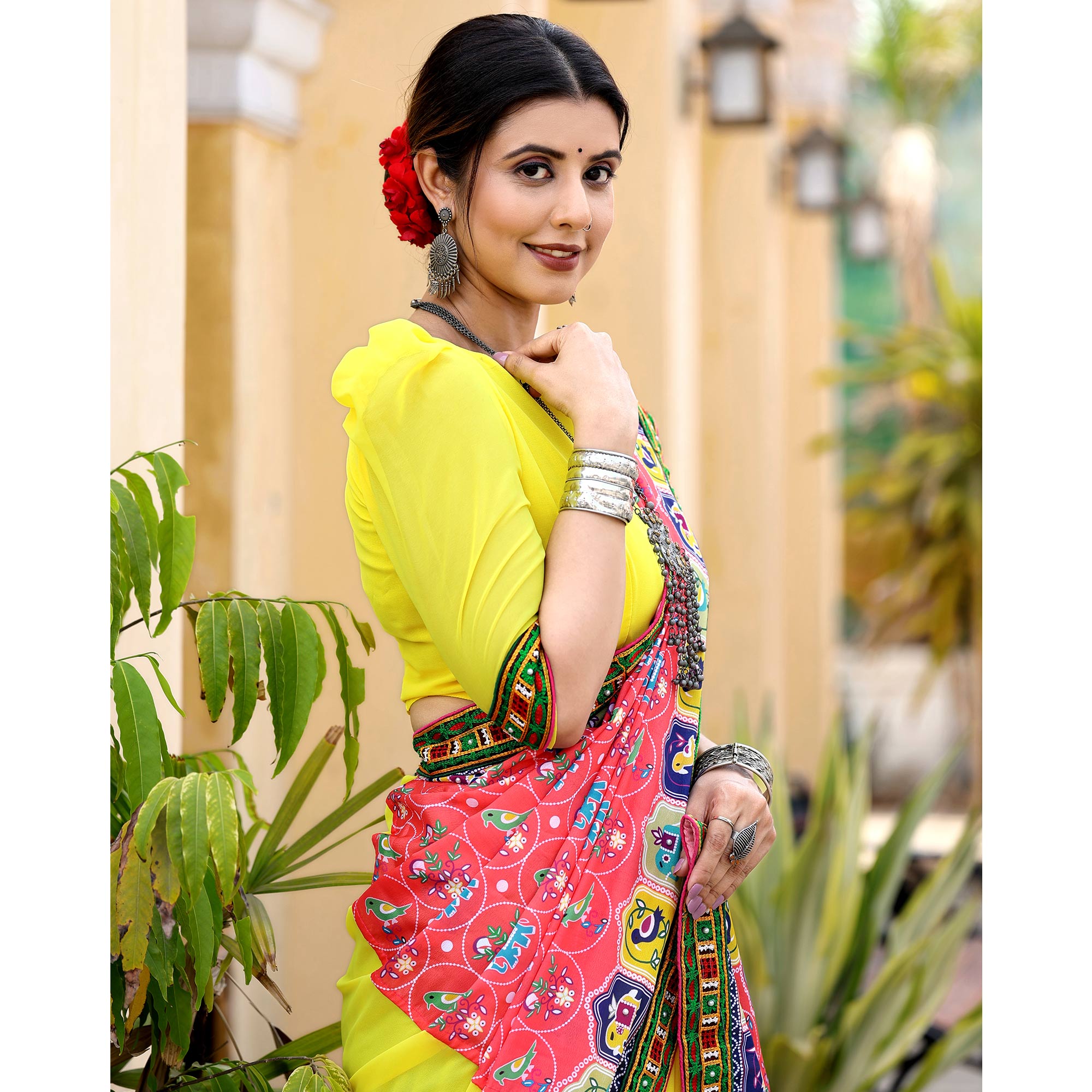 Yellow & Pink Patola Print With Embroidered Georgette Half & Half Saree