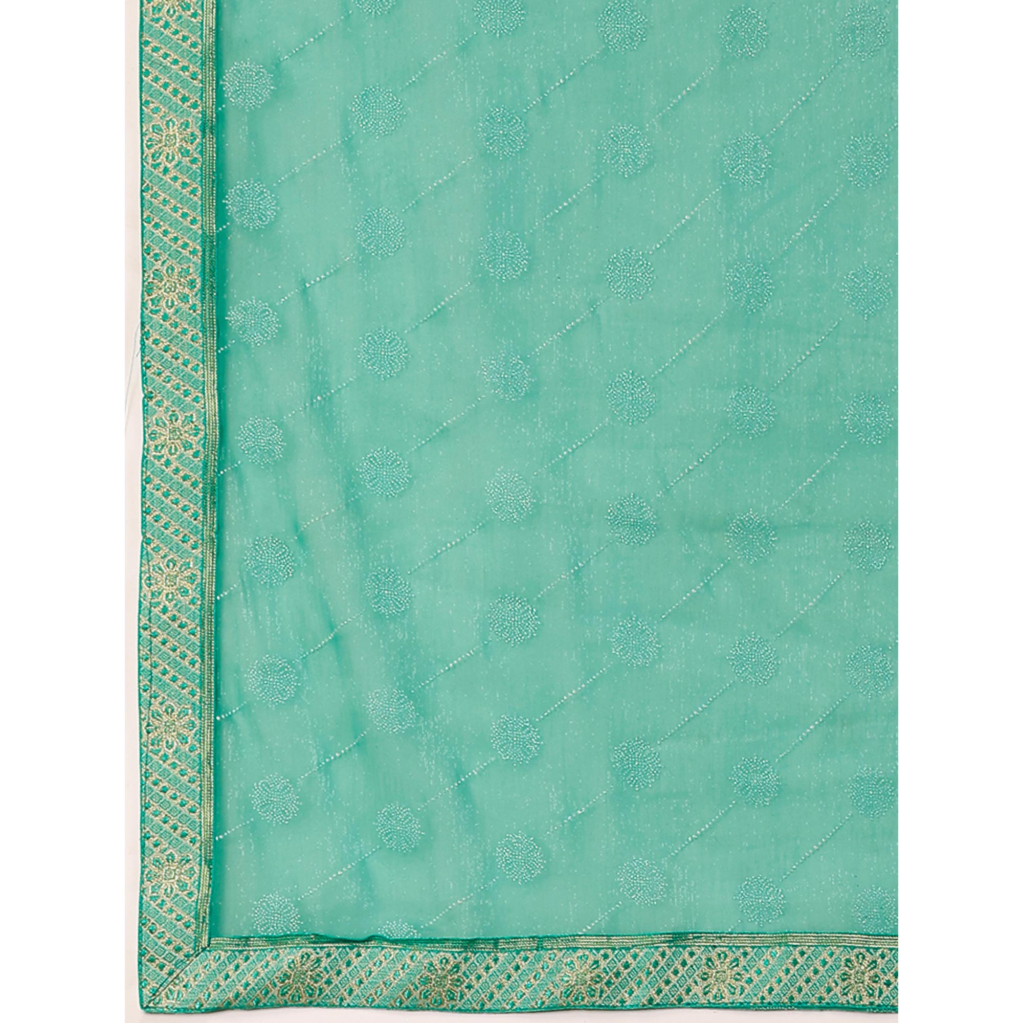 Turquoise Printed Chiffon Saree With Lace Border