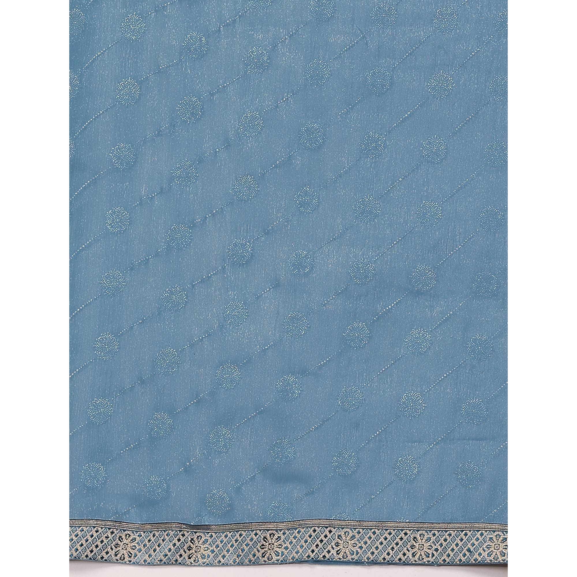 Greyish Blue Printed Chiffon Saree With Lace Border