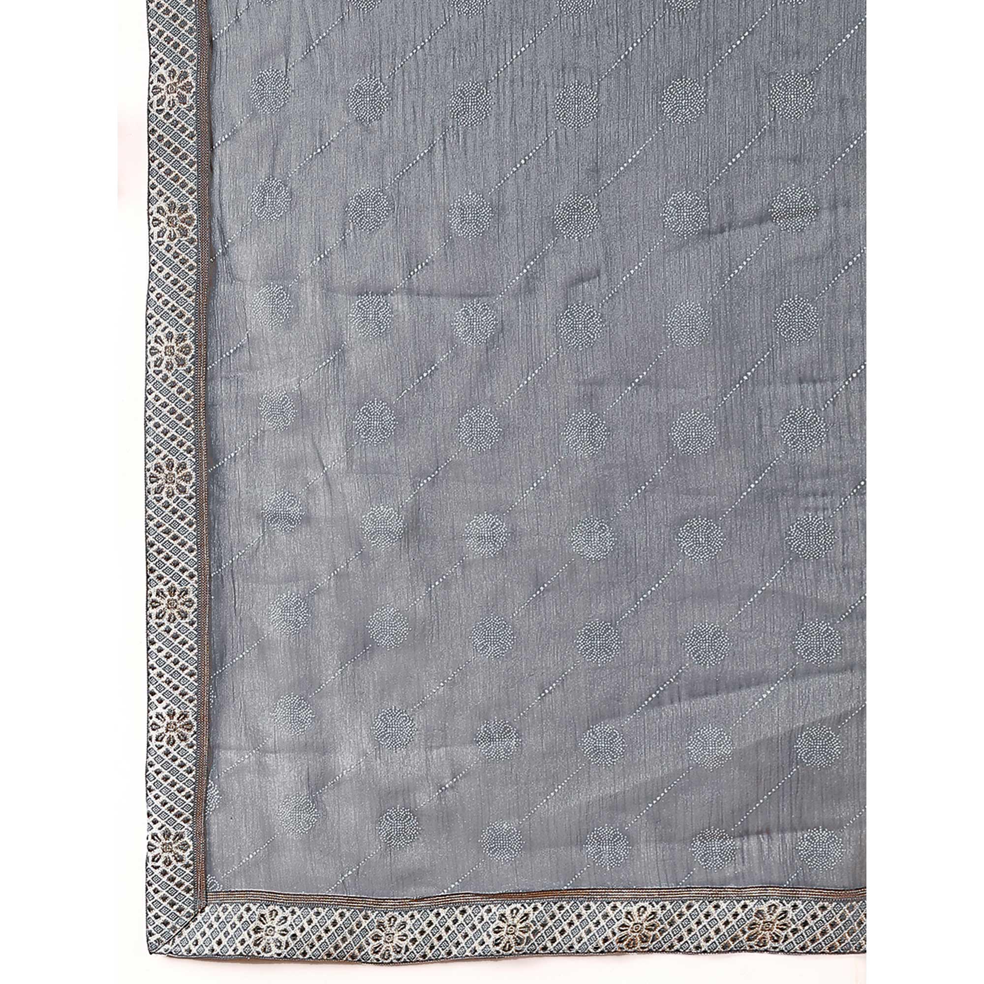 Grey Printed Chiffon Saree With Lace Border