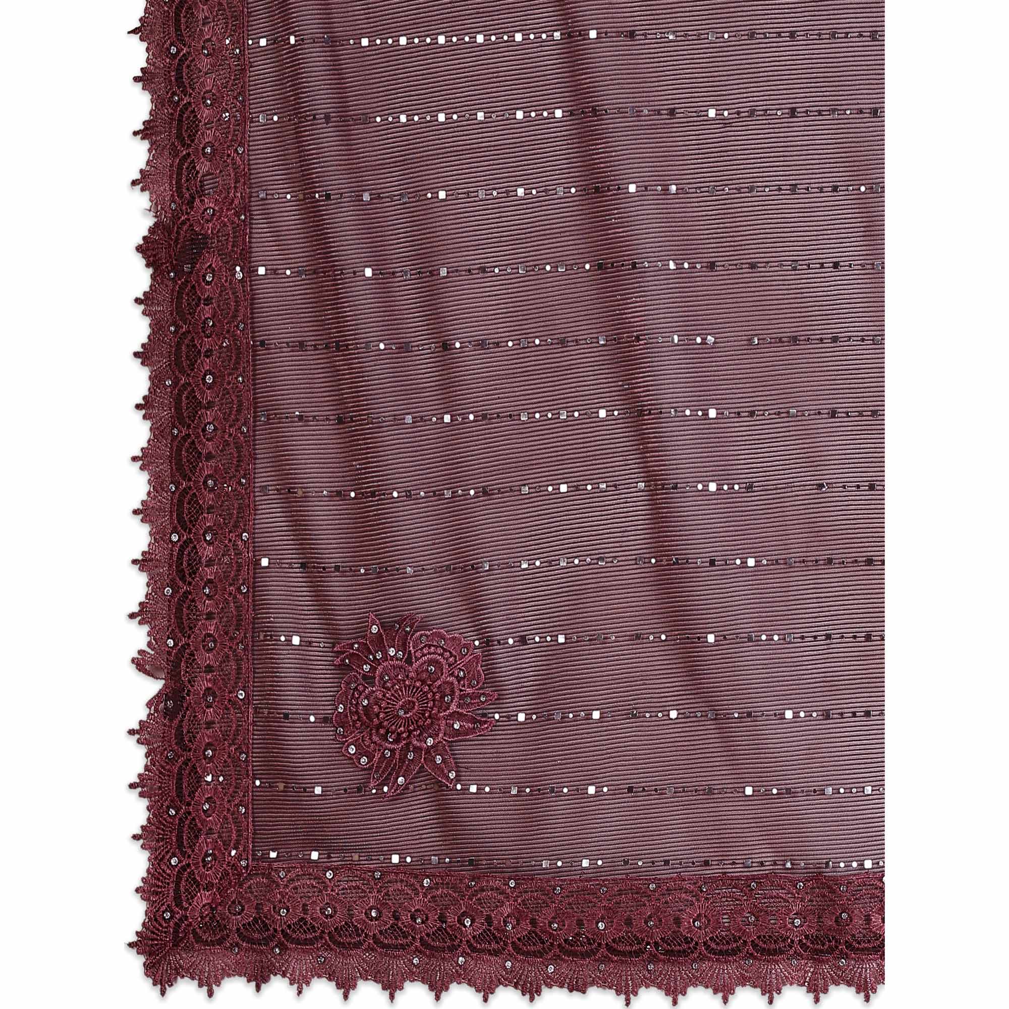 Dark Mauve Tikali Work Lycra Saree With Embroidered Lace Border