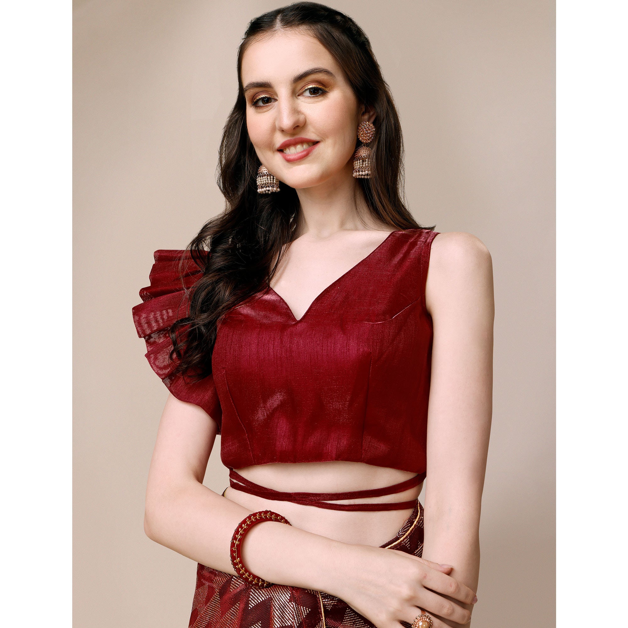 Maroon Digital Foil Printed Rayon Saree