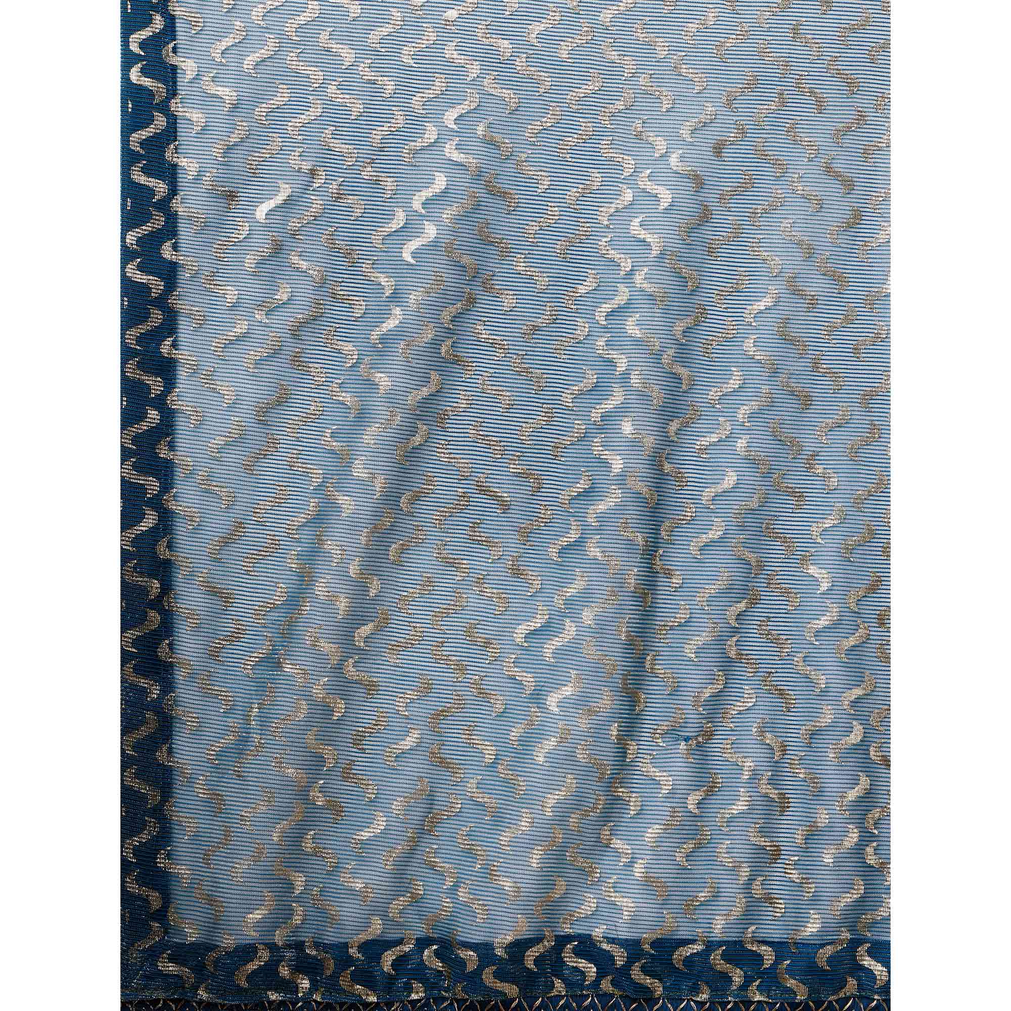 Teal Blue Foil Printed Rayon Saree