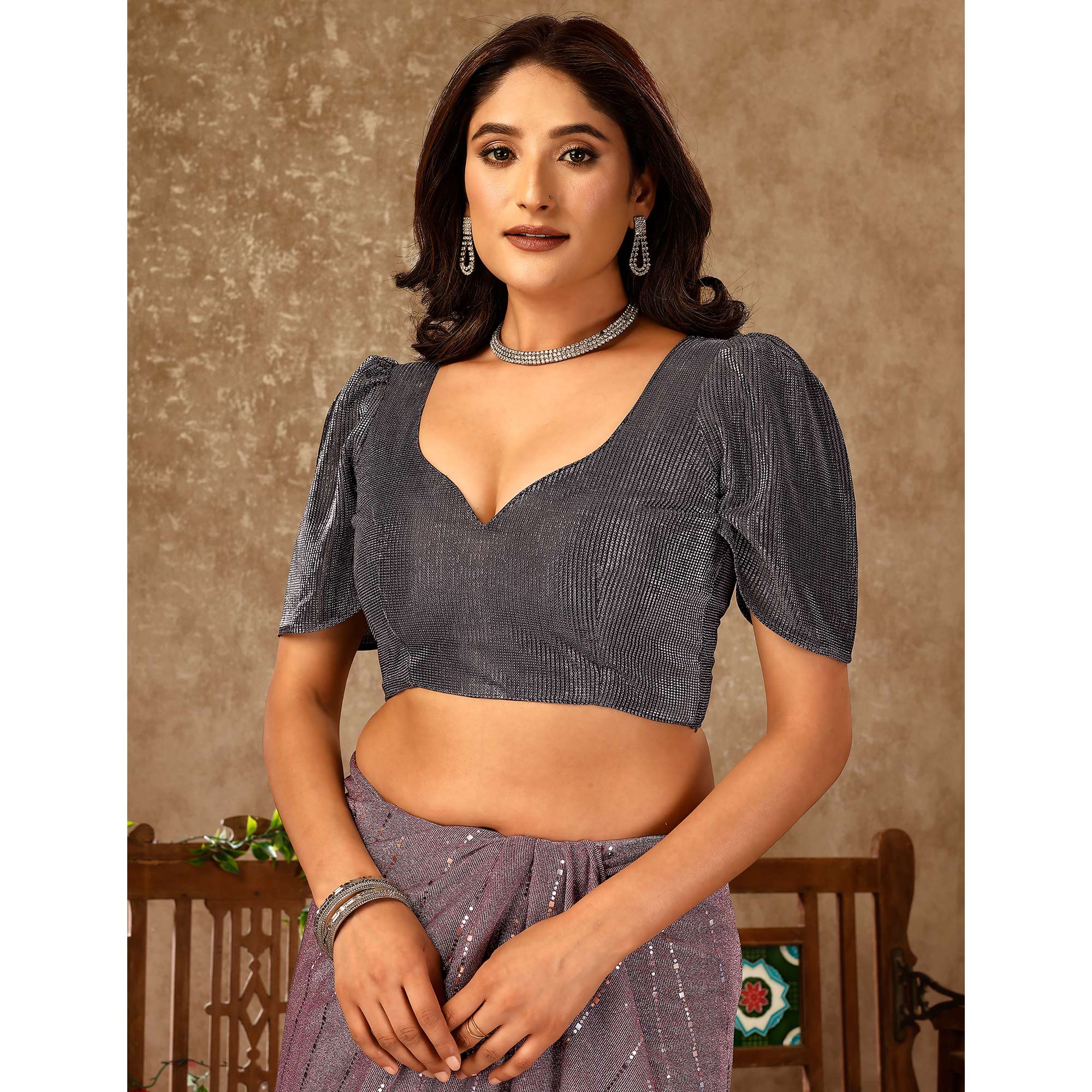 Purple Tikki Work Lycra Ready To Wear Ruffle Saree