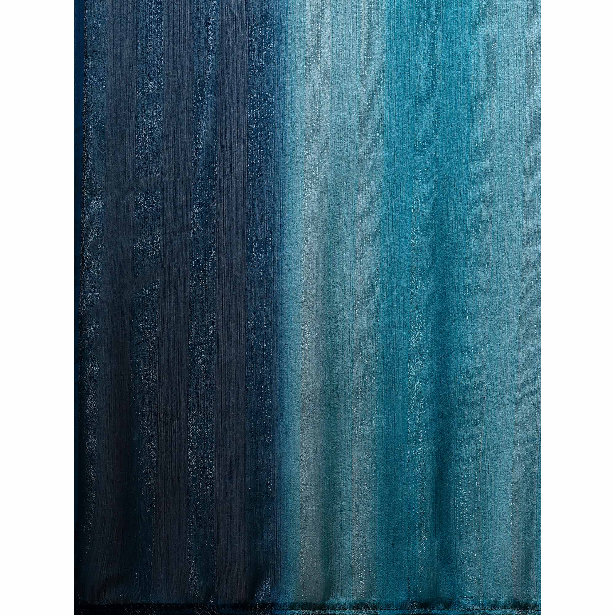 Teal Blue Striped Woven Chiffon Saree