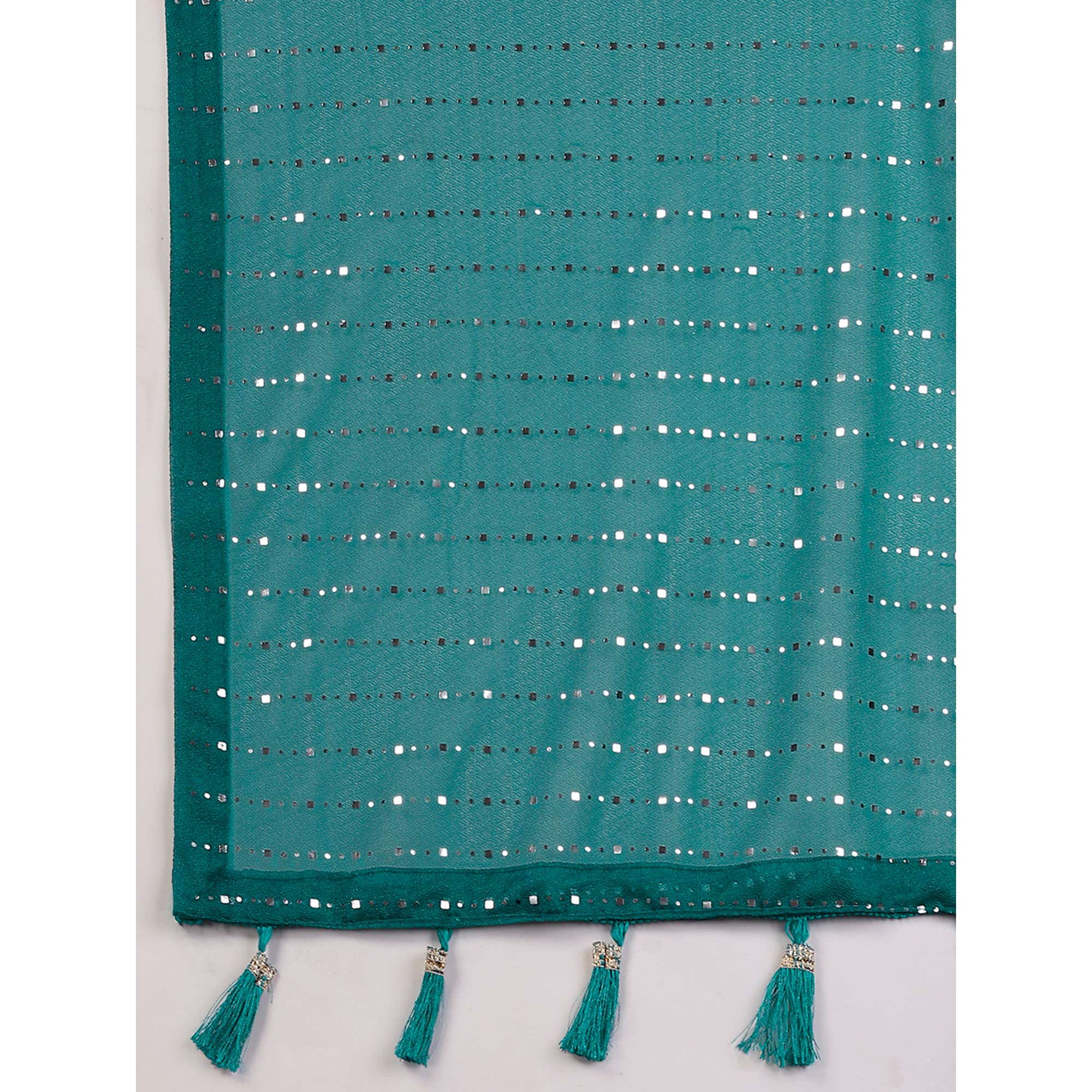 Teal Tikali Work Lycra Saree With Tassels