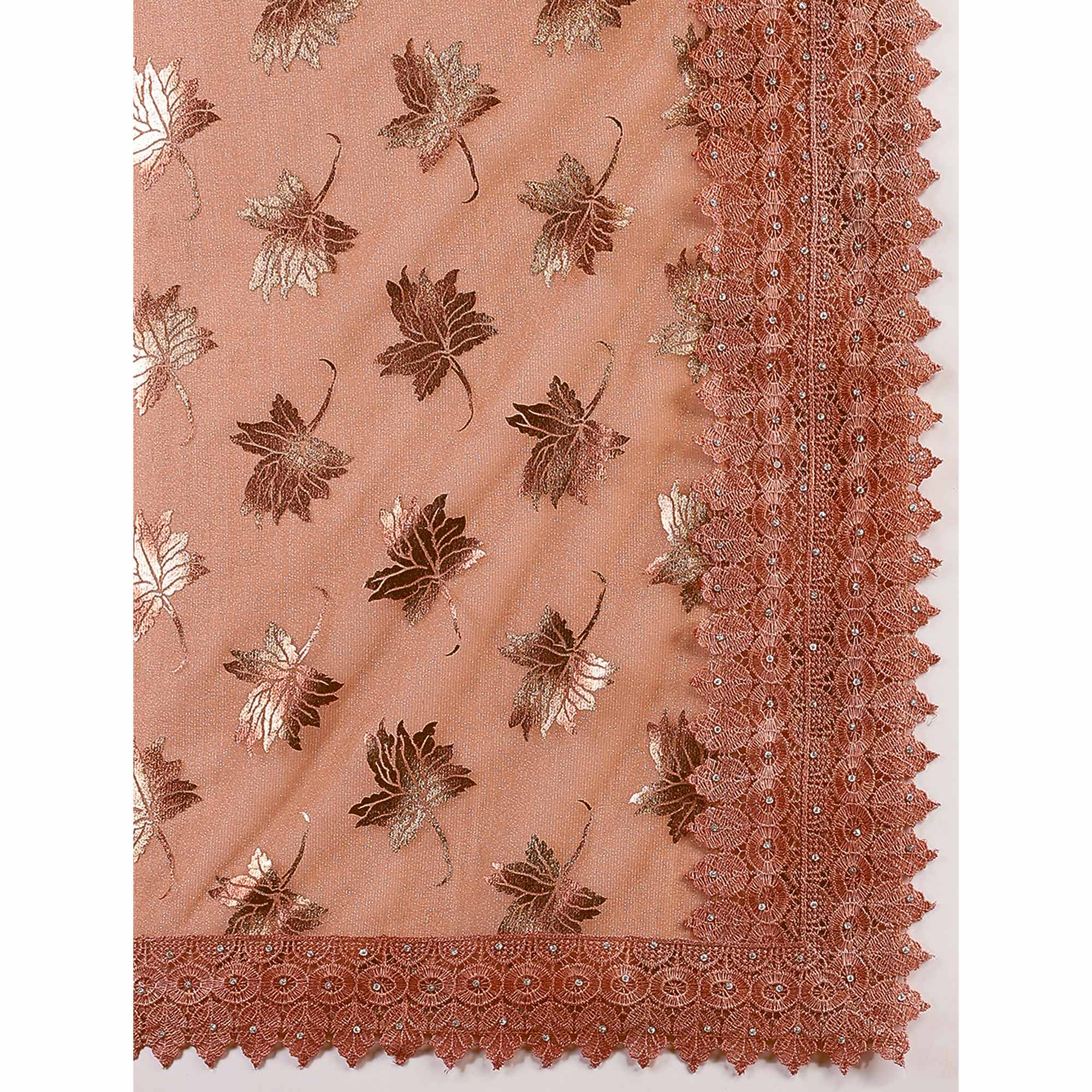 Dusty Peach Foil Printed Lycra Saree With Embroidered Lace Border