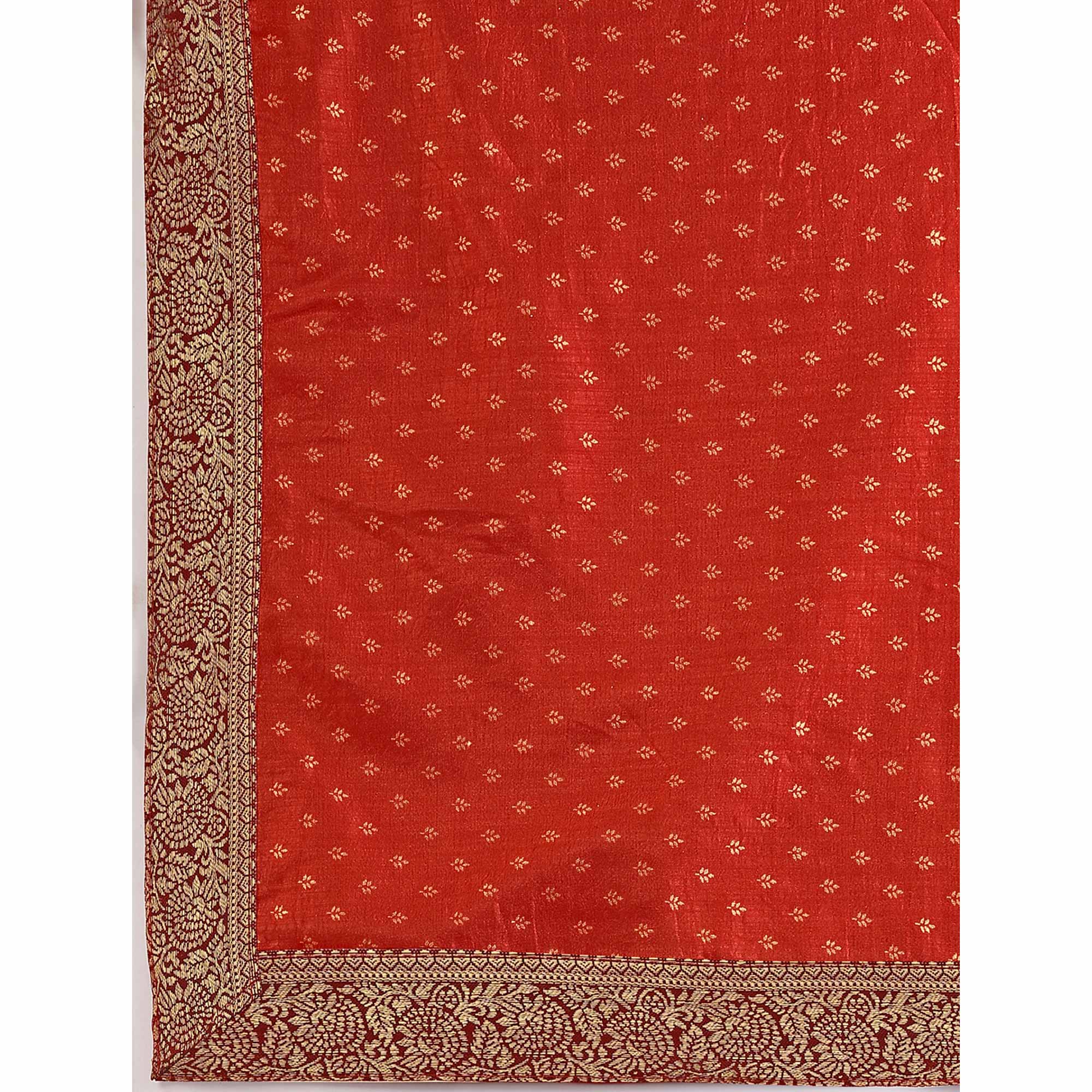 Rust Floral Foil Printed Vichitra Silk Saree With Lace Border