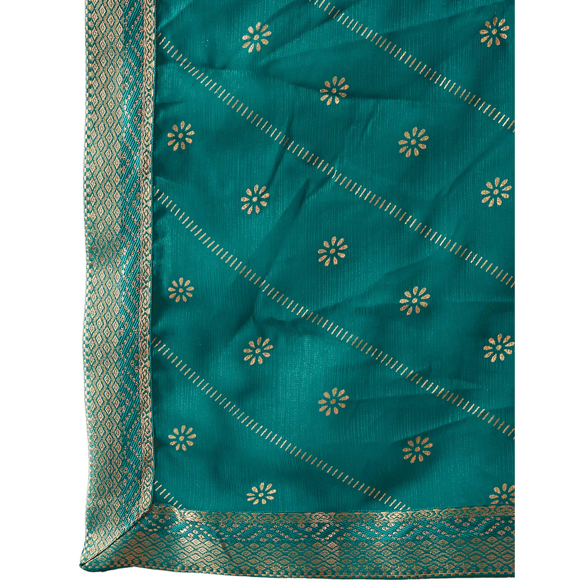 Teal Floral Foil Printed Chiffon Saree With Lace Border