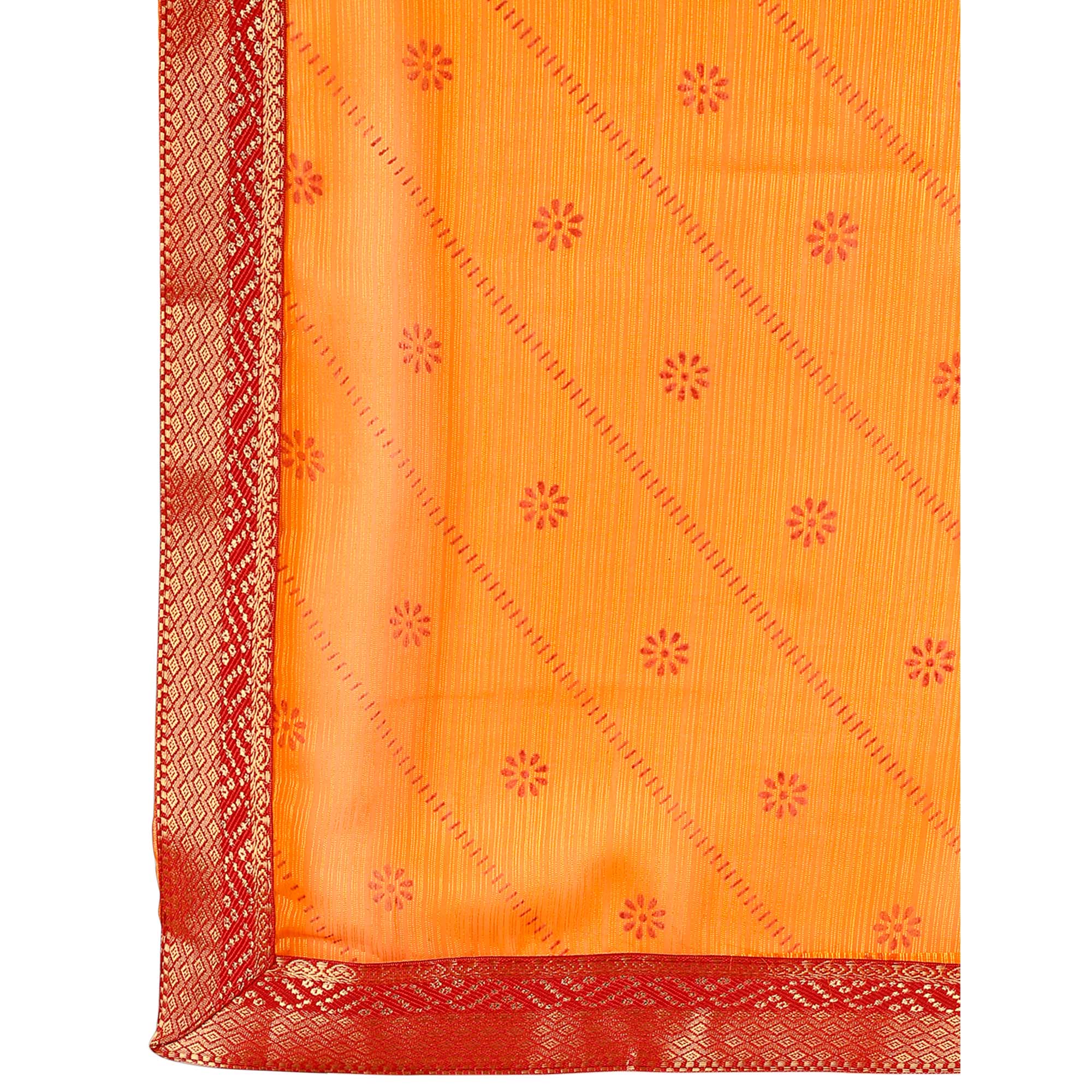 Orange Floral Foil Printed Chiffon Saree With Lace Border