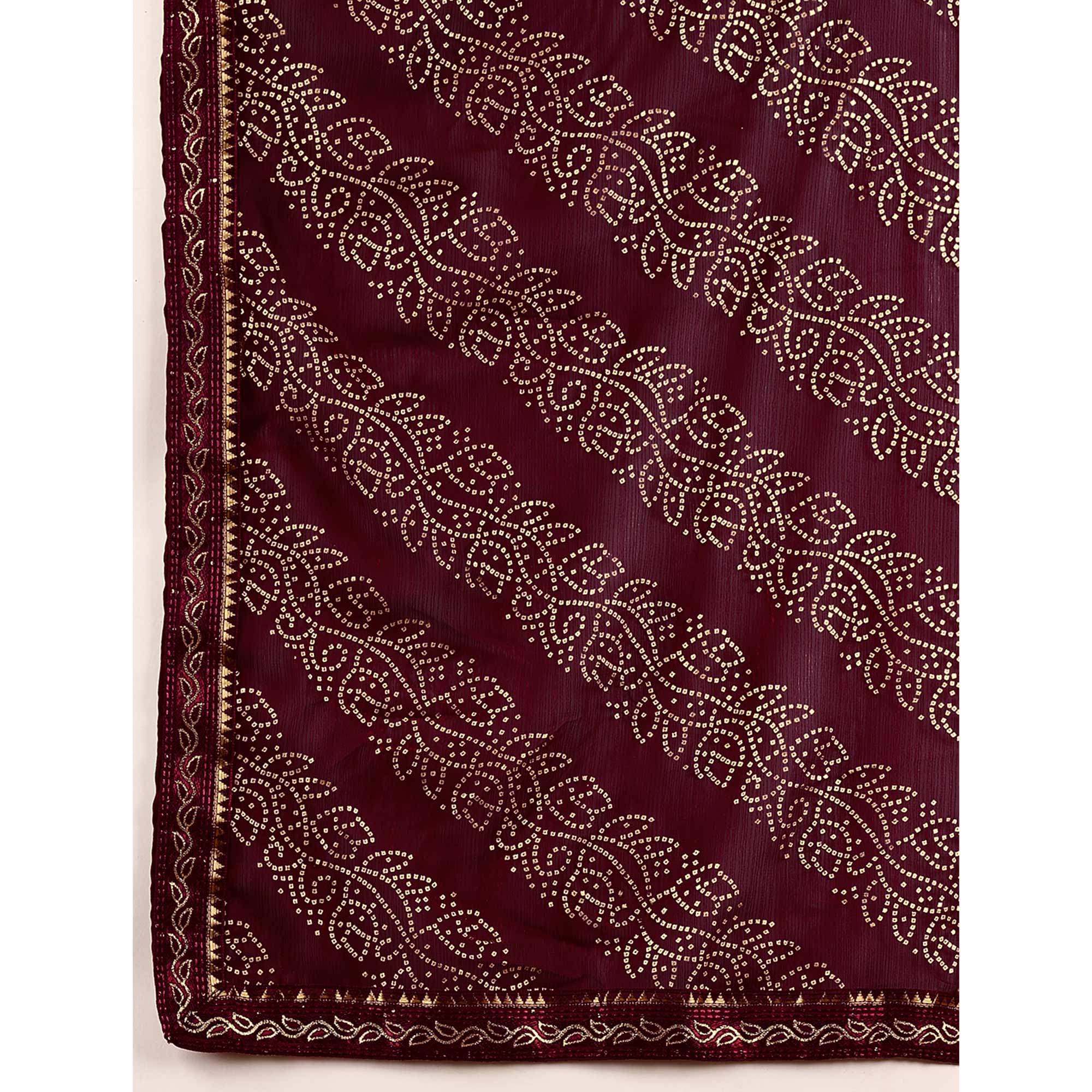Purple Bandhani Foil Printed Chiffon Saree With Lace Border