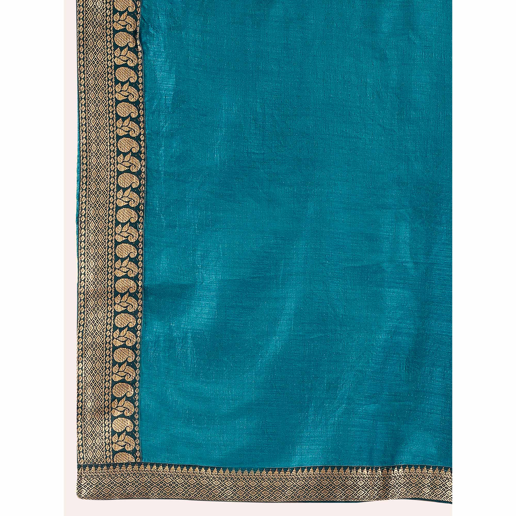 Teal Blue Solid Saree Vichitra Silk With Zari Lace Border