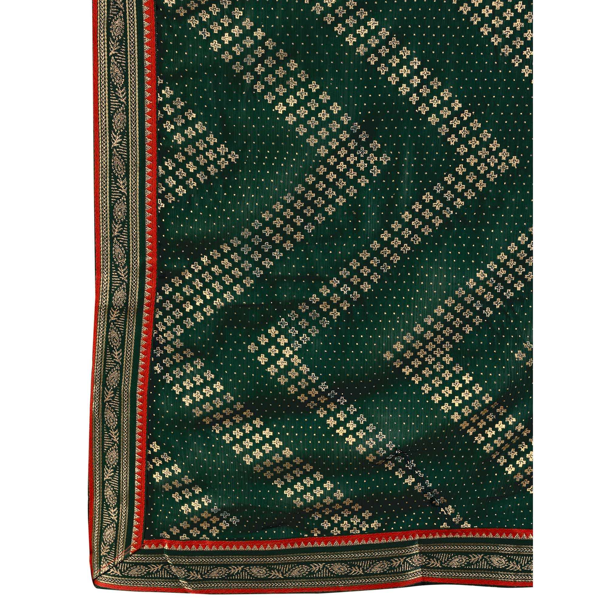Green Foil Printed Chiffon Saree With Lace Border