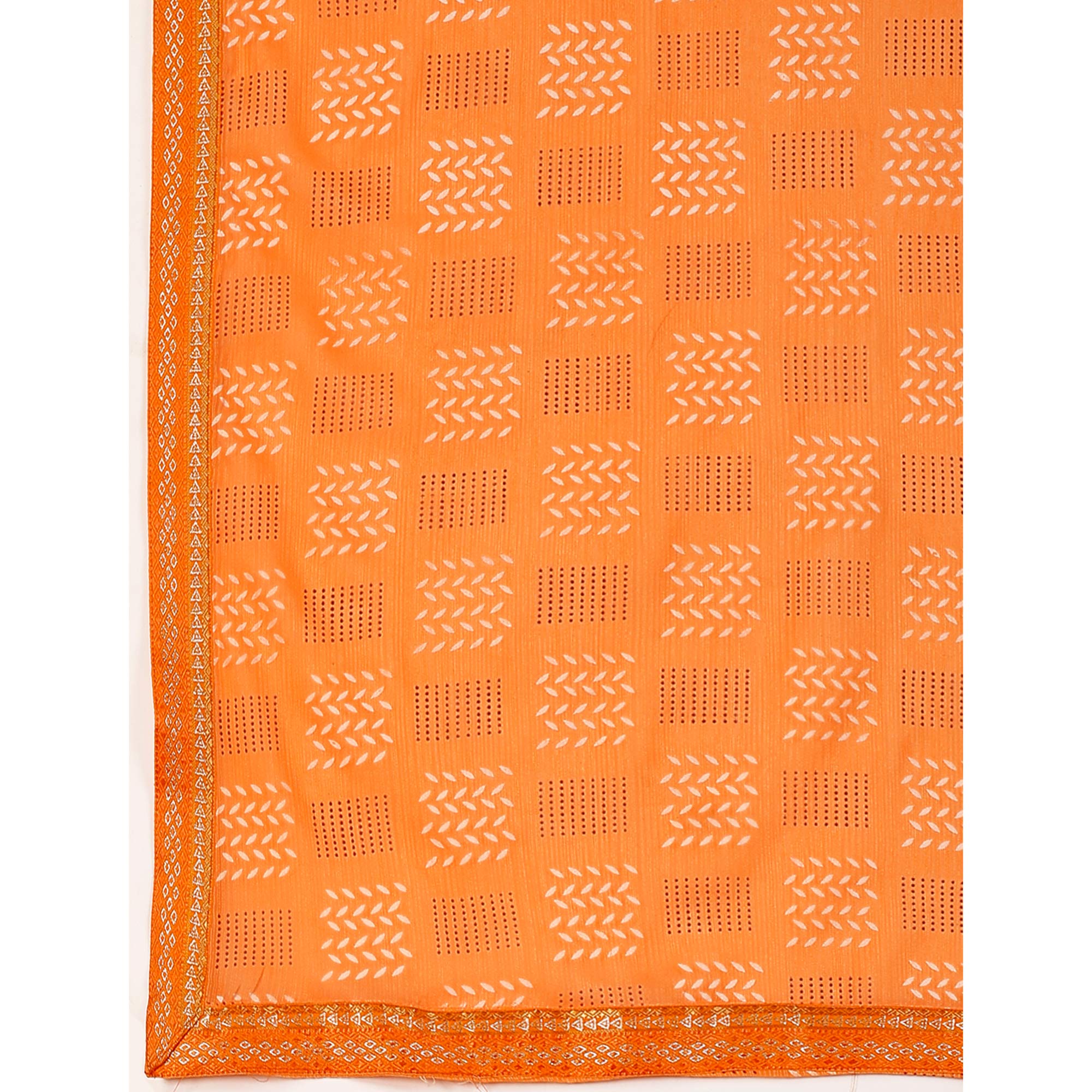 Orange Printed Chiffon Saree With Lace Border