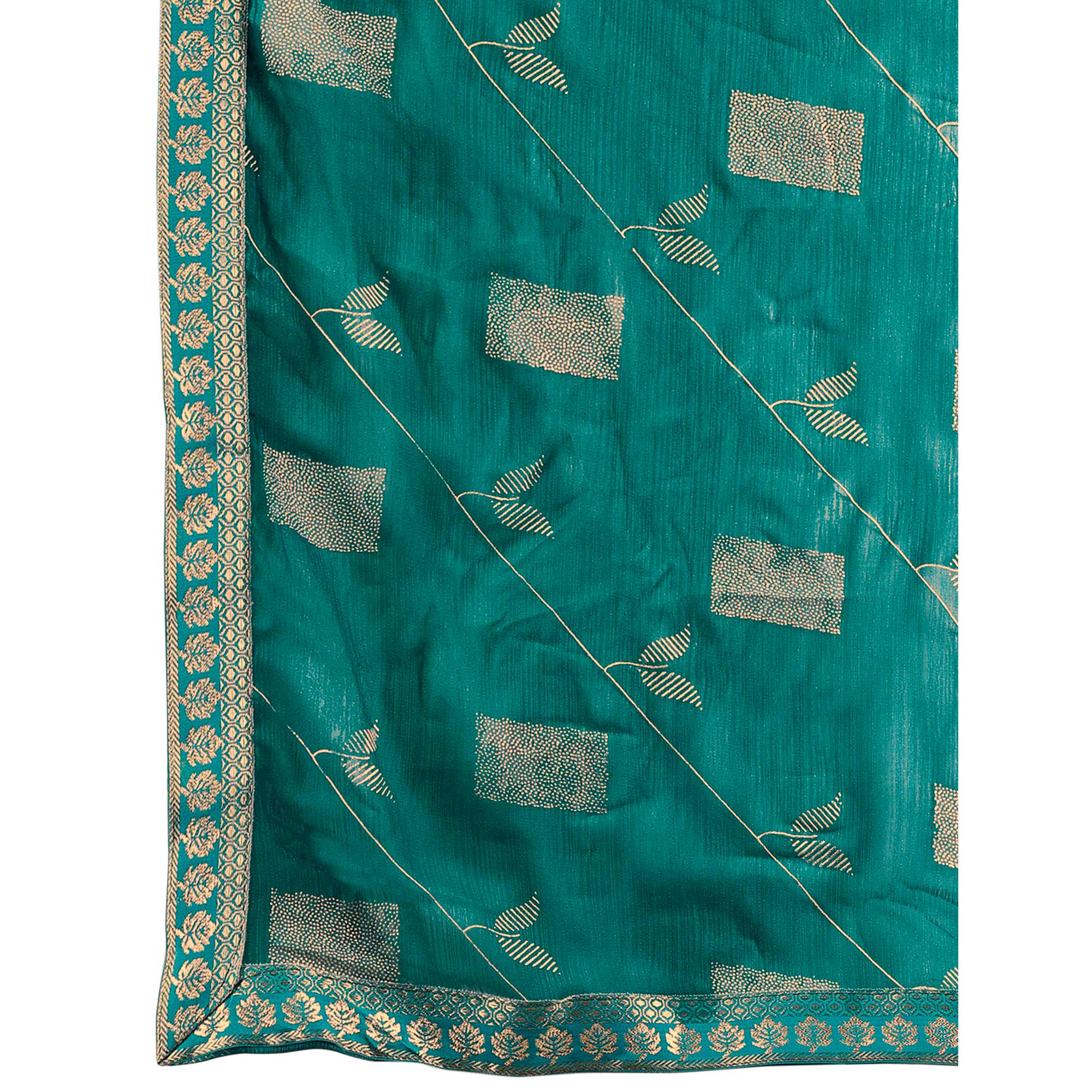 Teal Blue Floral Foil Printed Chiffon Saree With Lace Border