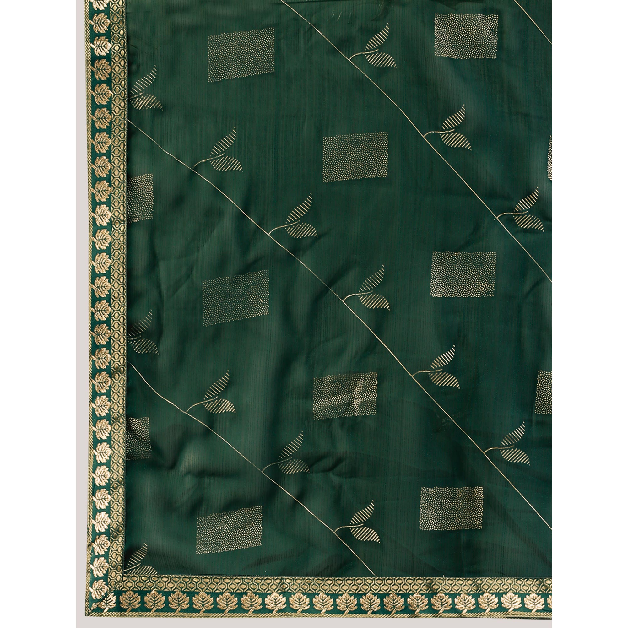 Green Floral Foil Printed Chiffon Saree With Lace Border