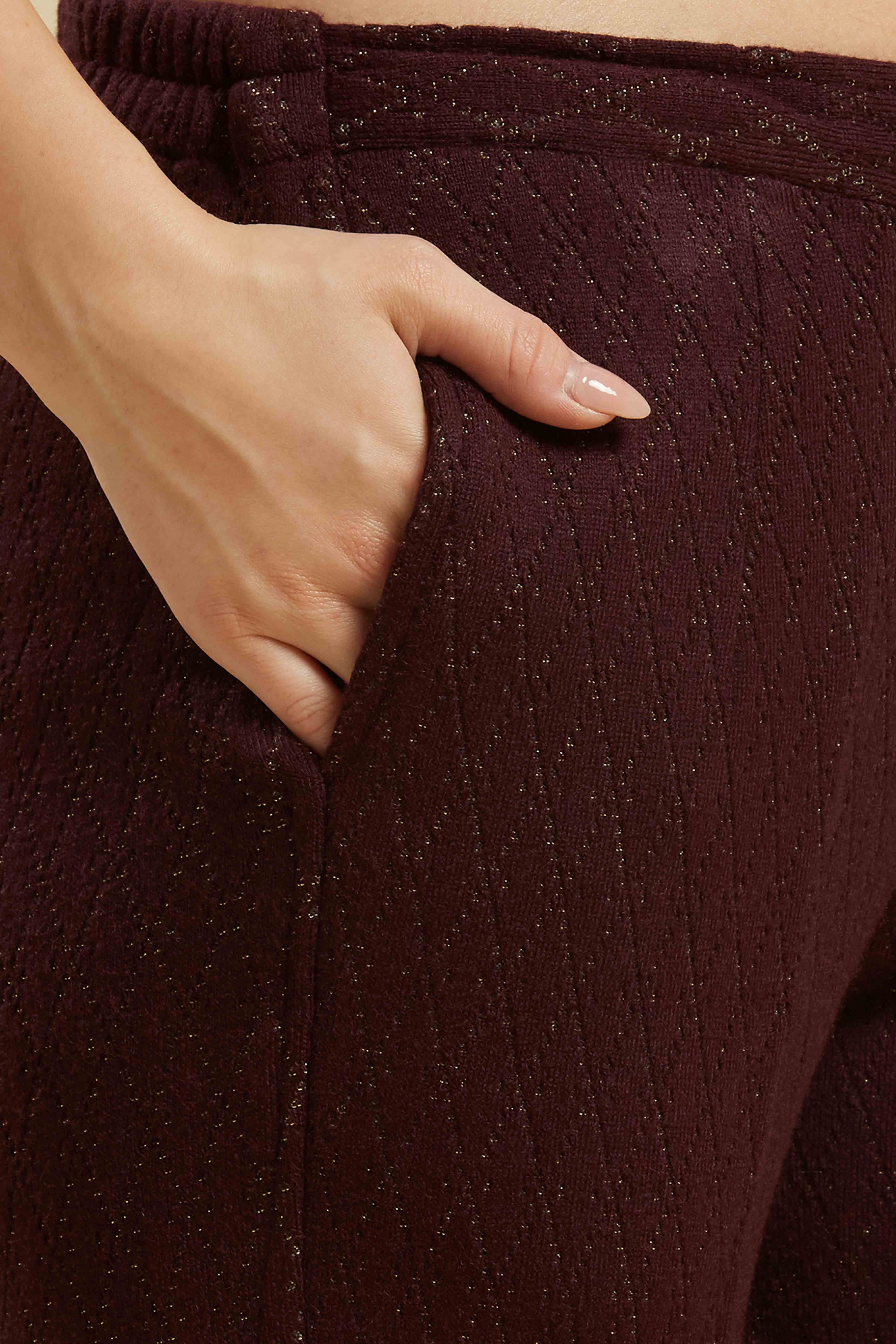 Wine Woven Woolen Straight Top Bottom Set