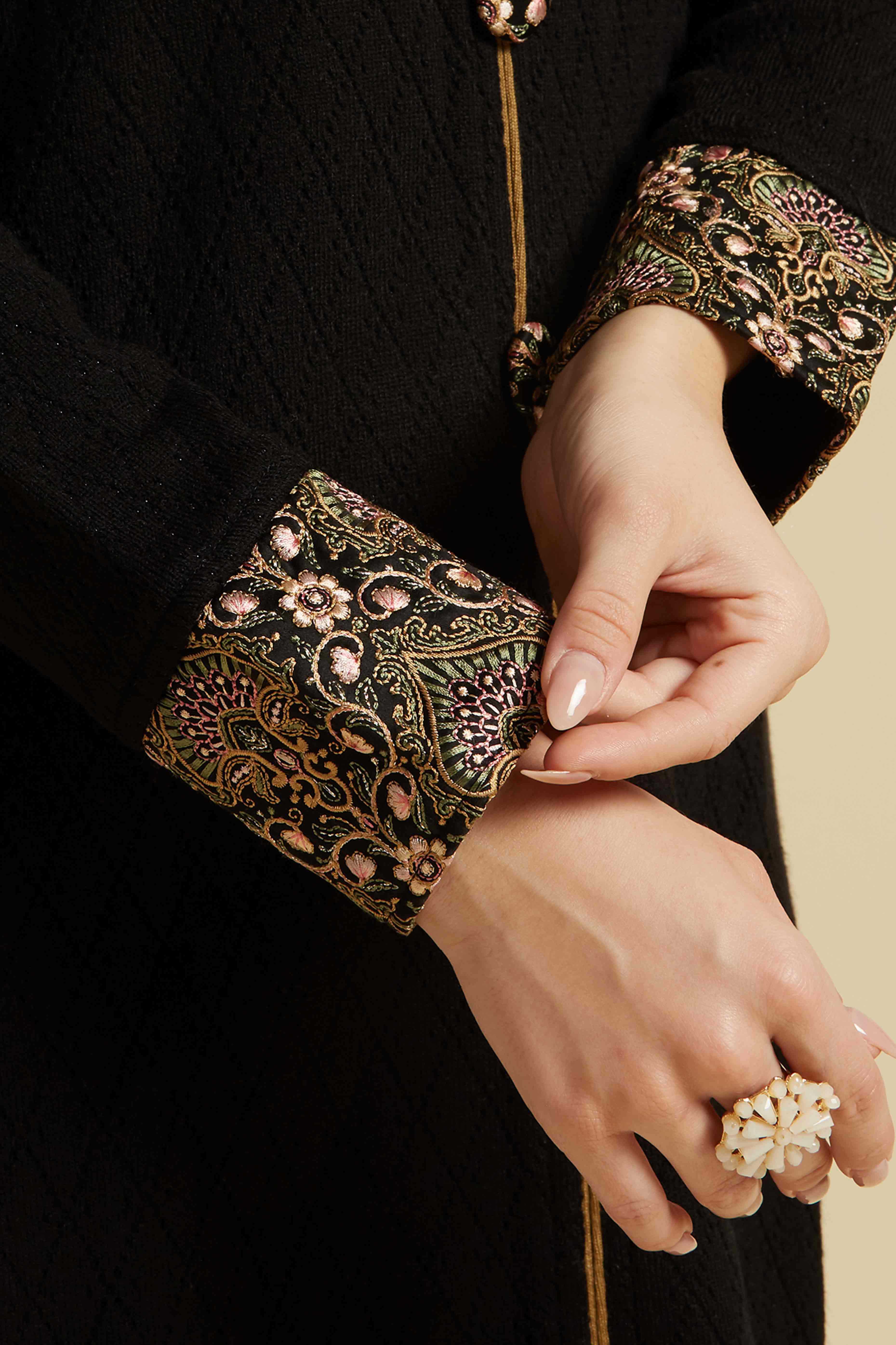 Black Woven Woolen Front Slit Top Bottom Set