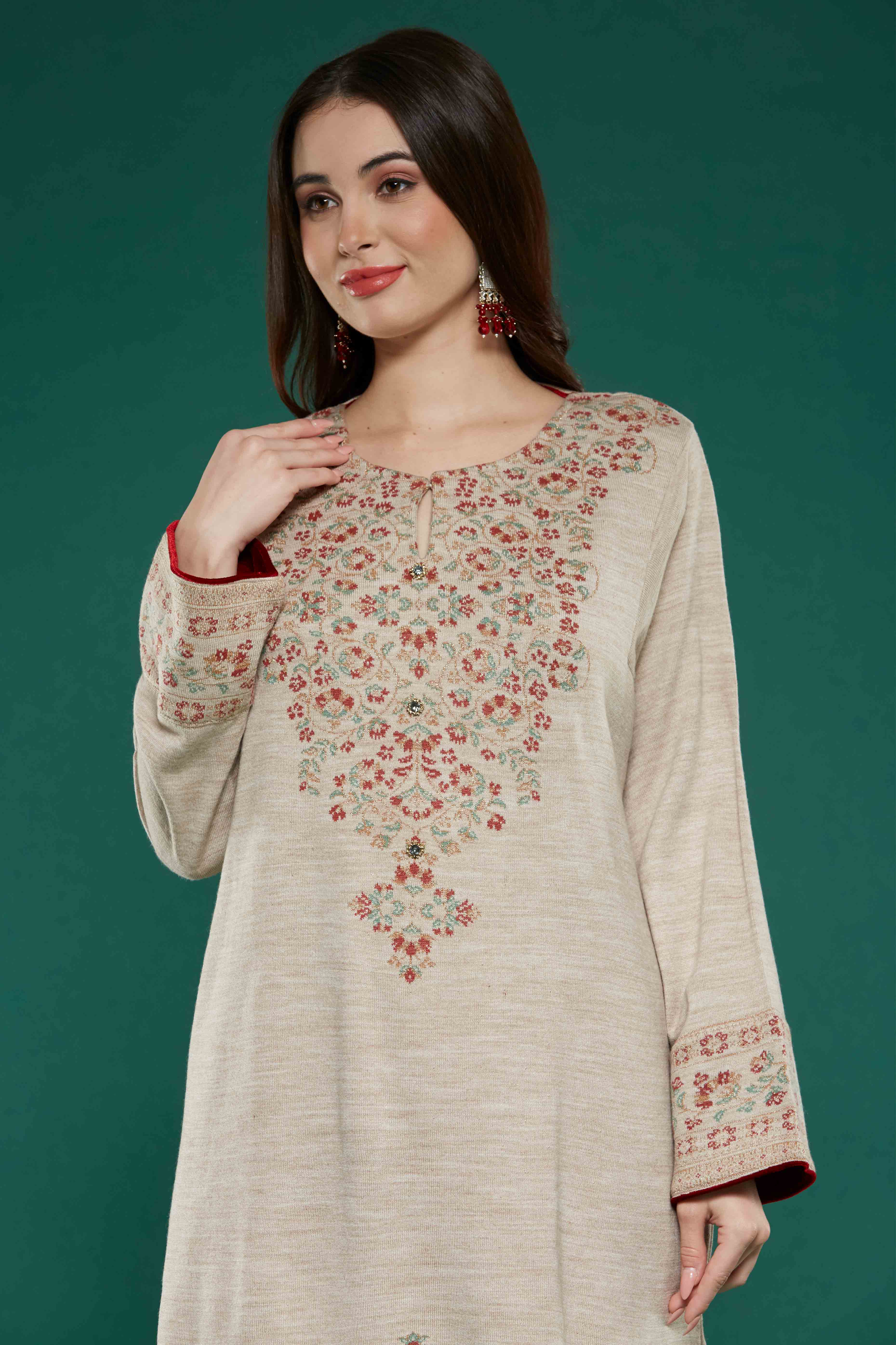 Beige Floral Woven Woolen Straight Kurti