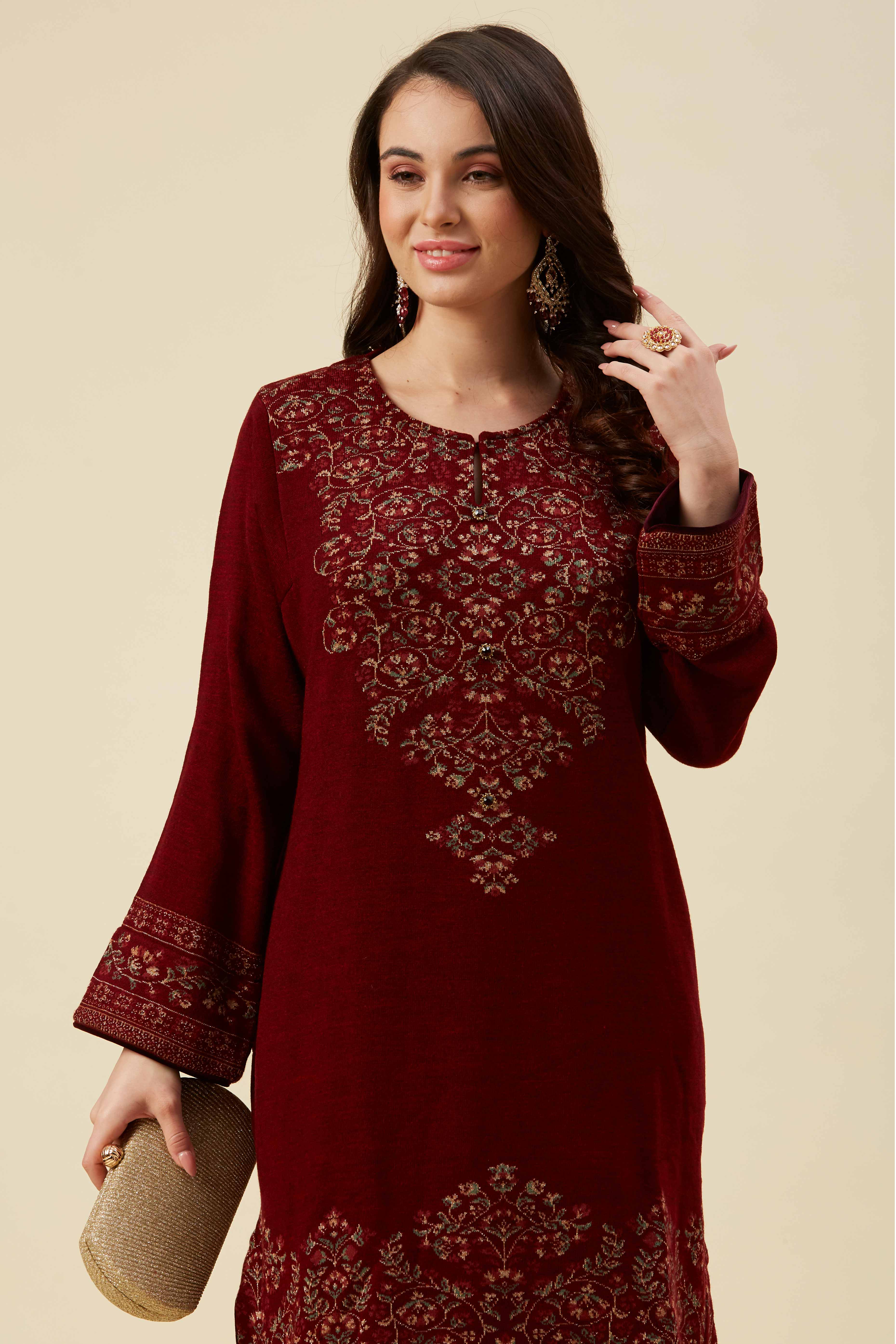 Maroon Floral Woven Woolen Straight Kurti