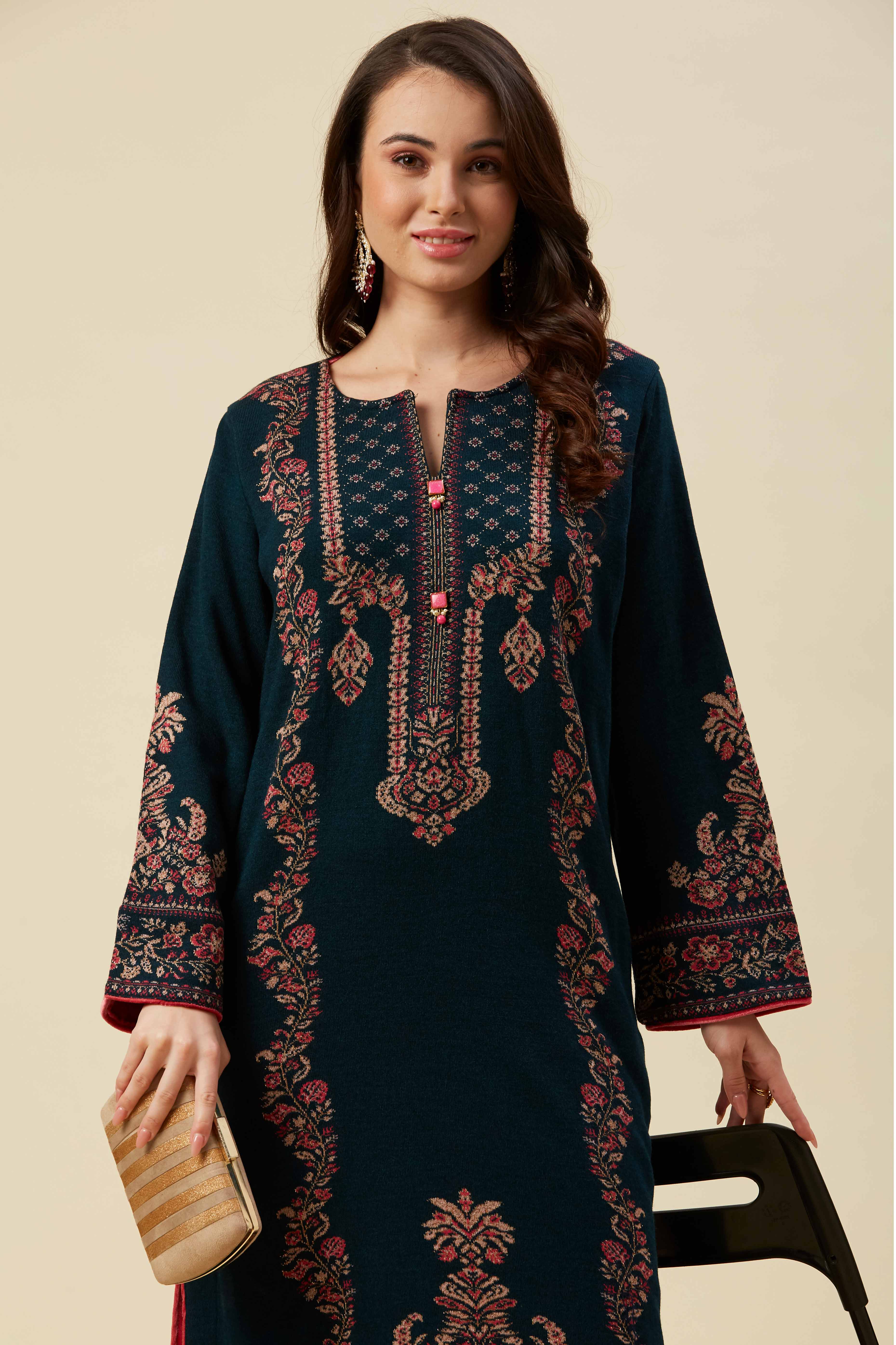 Peacock Blue Floral Woven Woolen Straight Kurti