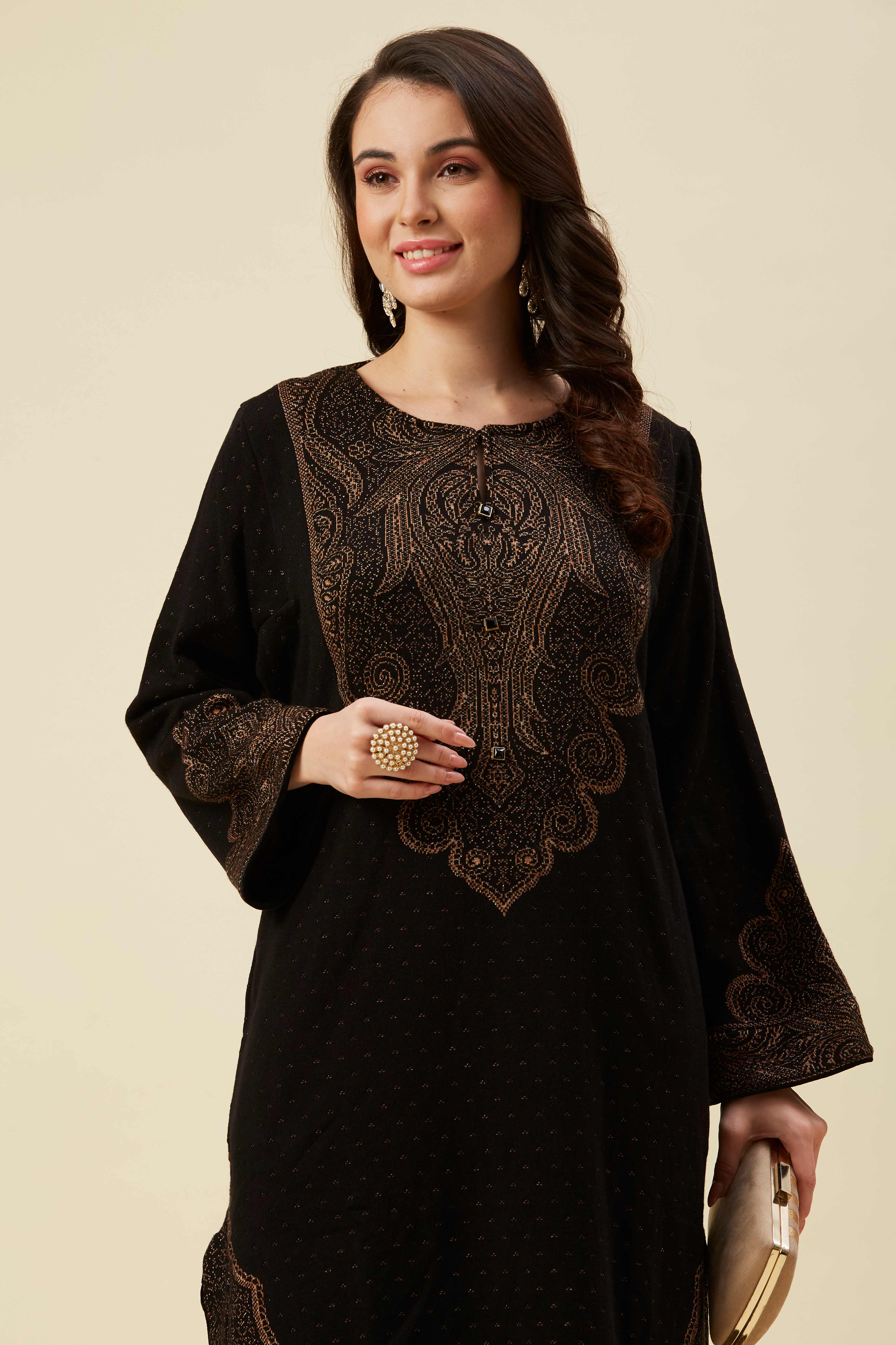 Black Floral Woven Woolen Straight Kurti