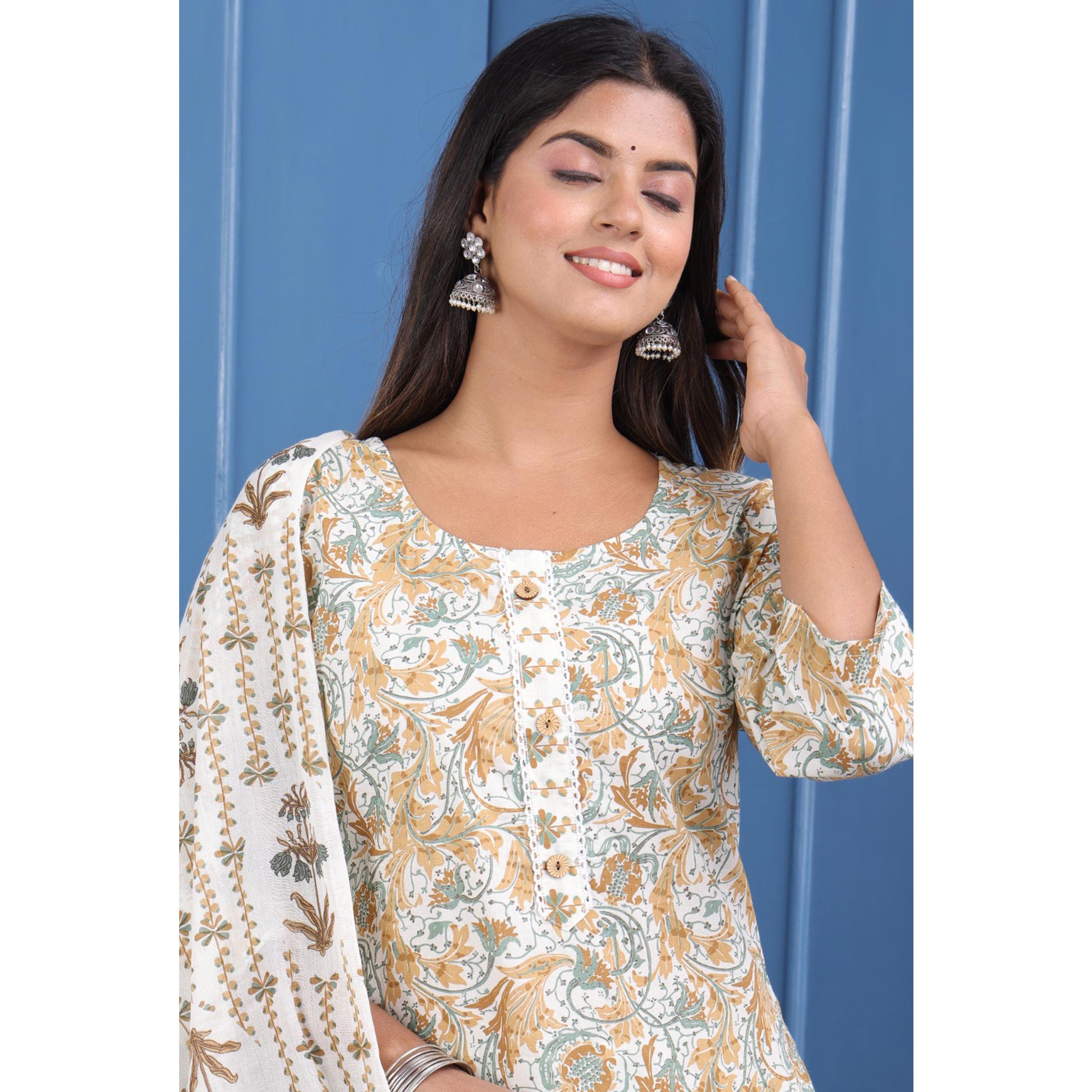 Cream And Brown Floral Printed Pure Cotton Suit