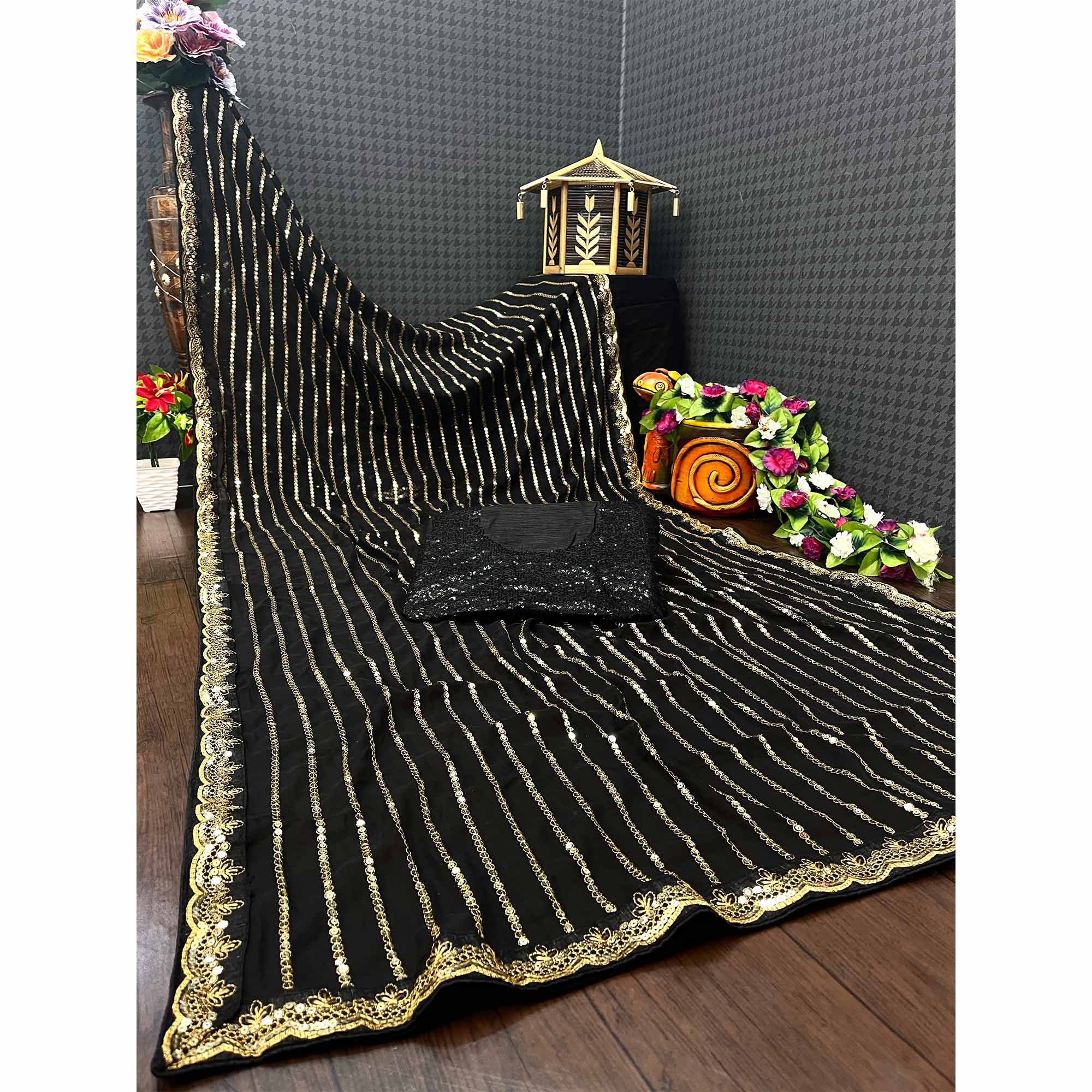 Black Sequins Embroidered Georgette Saree