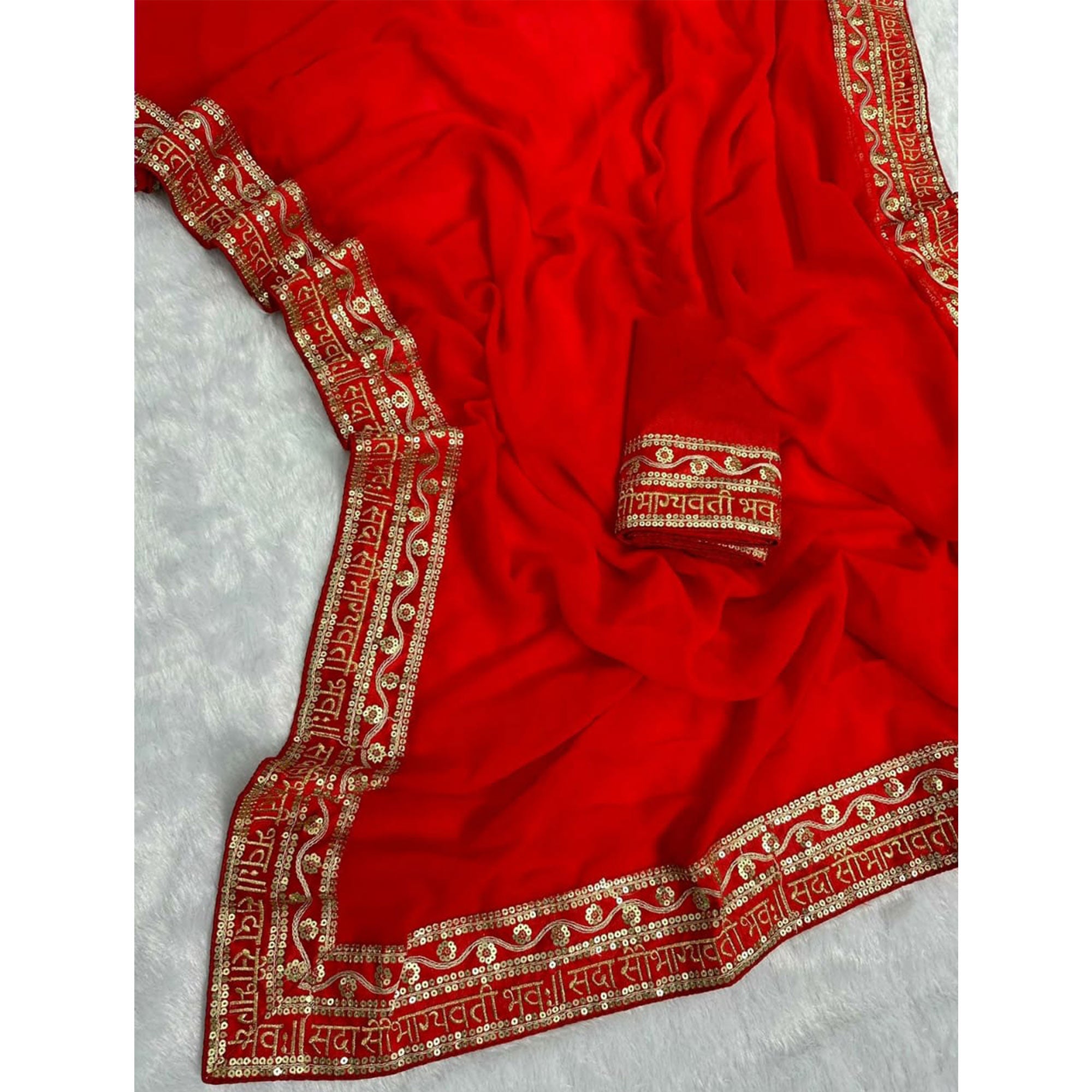 Red Solid With Embroidered Border Georgette Saree