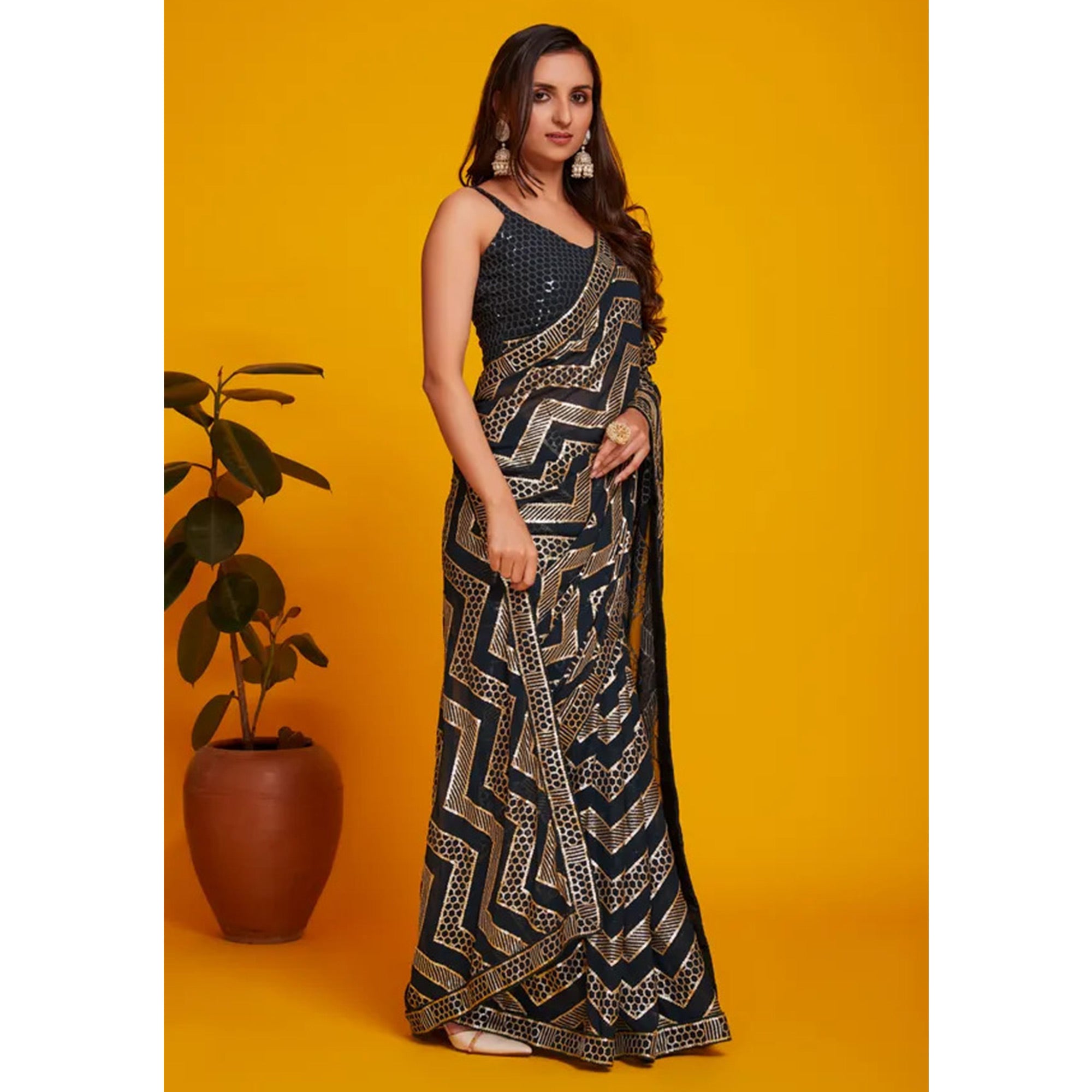 Black Sequins Embroidered Georgette Saree