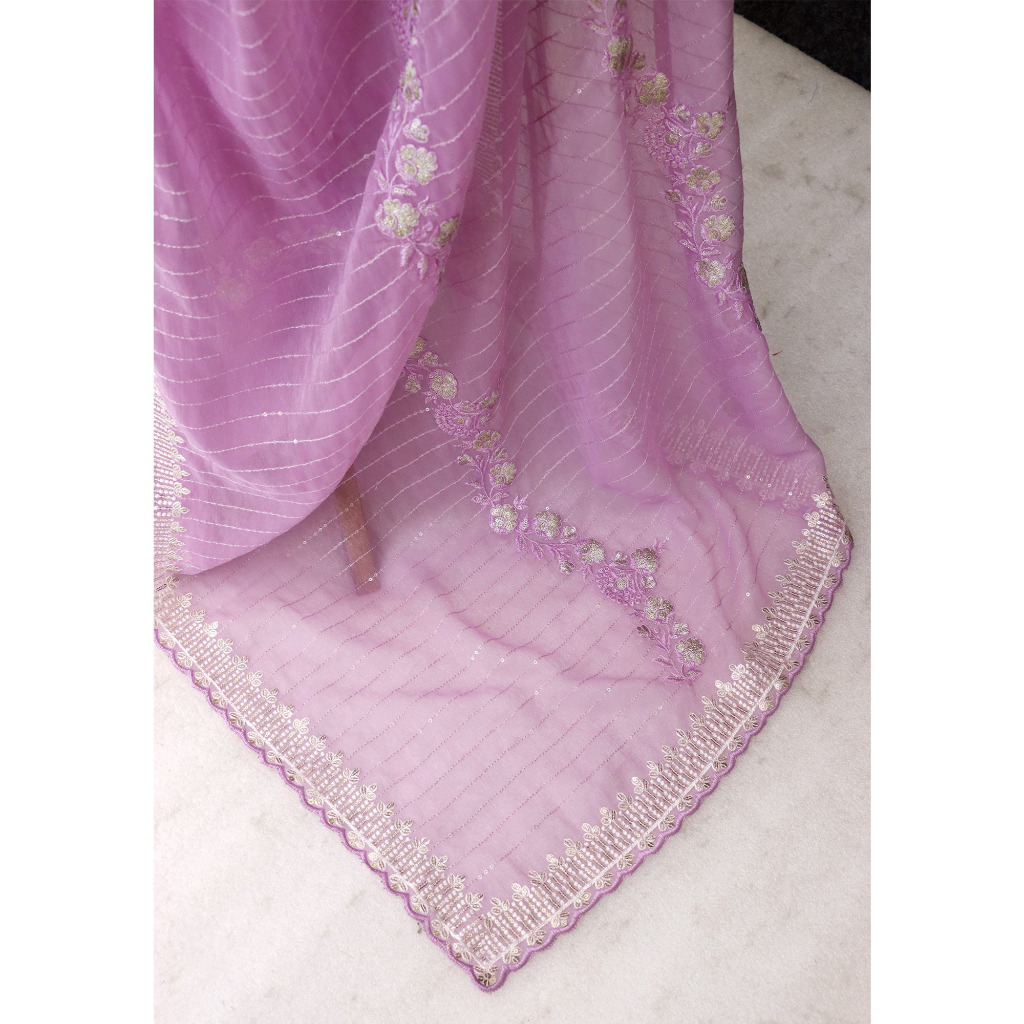 Light Purple Shimmer Chiffon Saree with Floral Sequin Embroidery & Elegant Cutwork Border