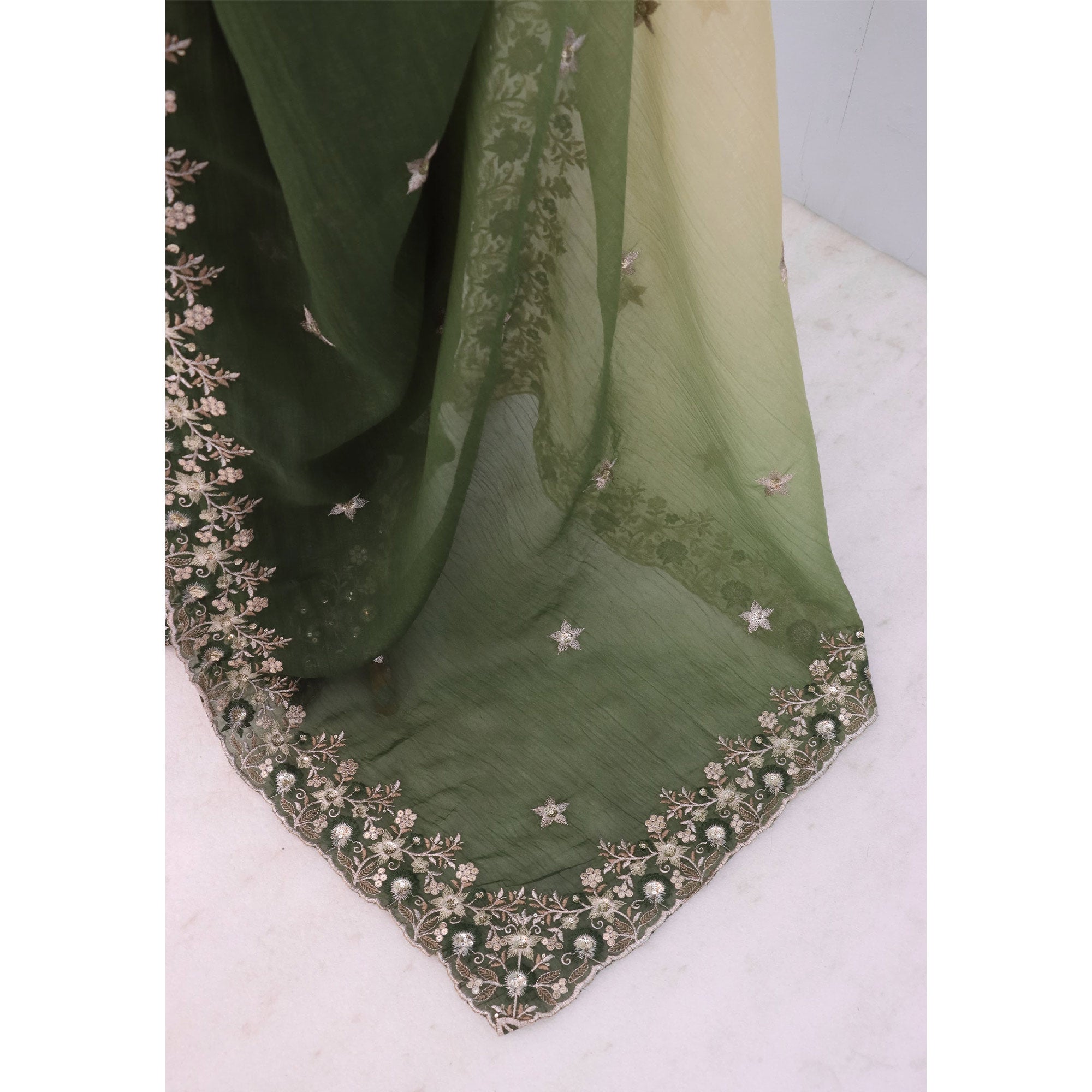 Green Crunchy Crush Saree Featuring Floral Thread Embroidery & Sequins Embellishment