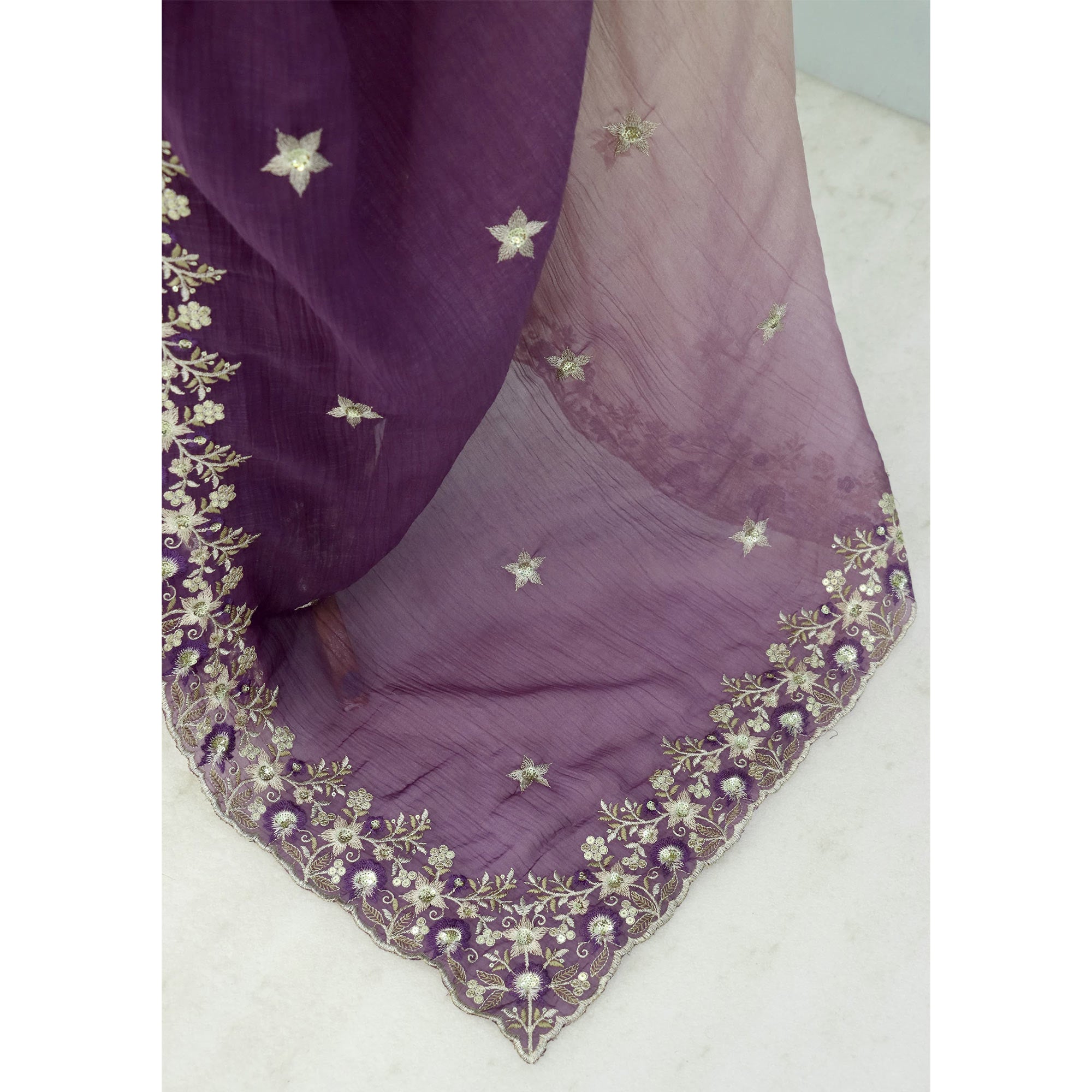 Purple Crunchy Crush Saree Featuring Floral Thread Embroidery & Sequins Embellishment