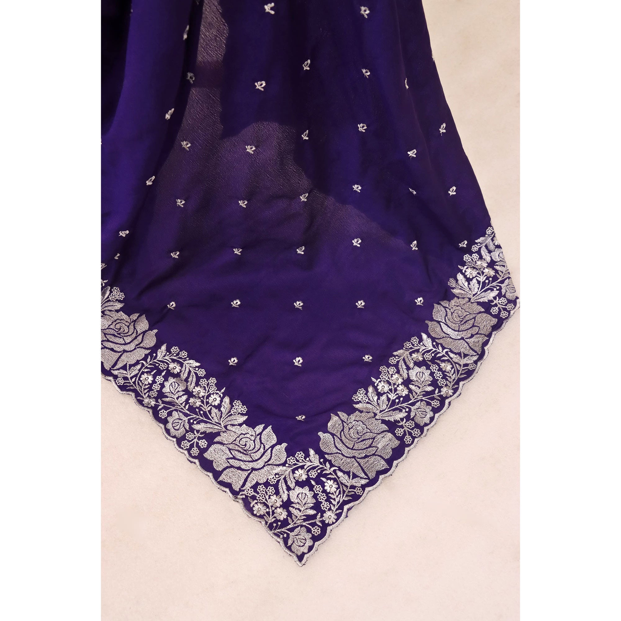 Luxurious Royal Purple Saree Adorned With Delicate Floral Zari Work On Chinon Chiffon