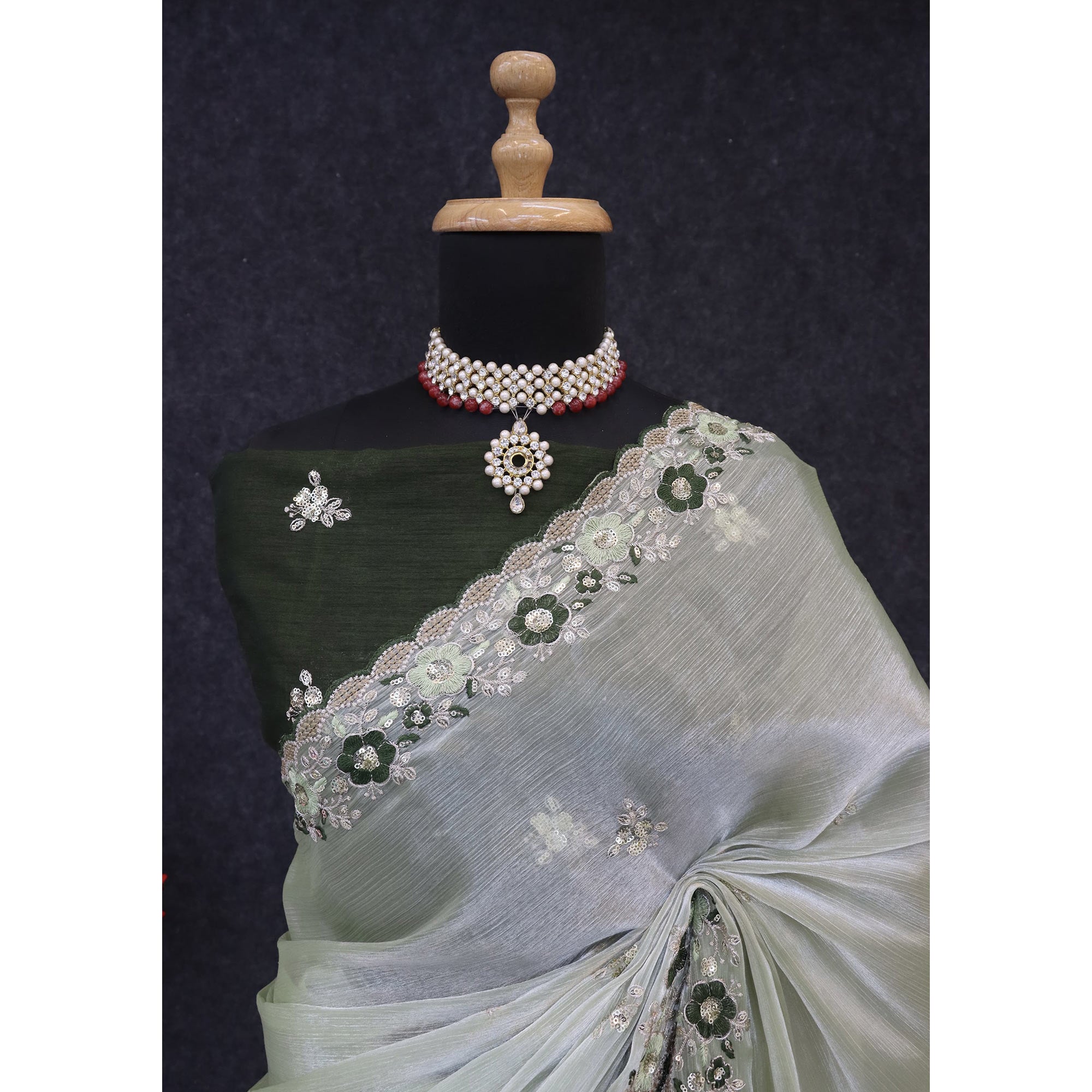 Green Jimmy Choo Chiffon Saree Adorned With Floral Embroidery & Delicate Sequins Work