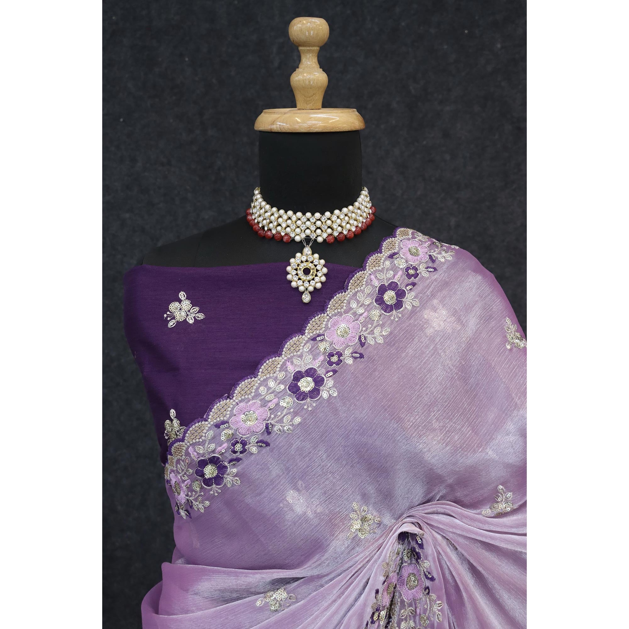 Lavender Jimmy Choo Chiffon Saree Adorned With Floral Embroidery & Delicate Sequins Work