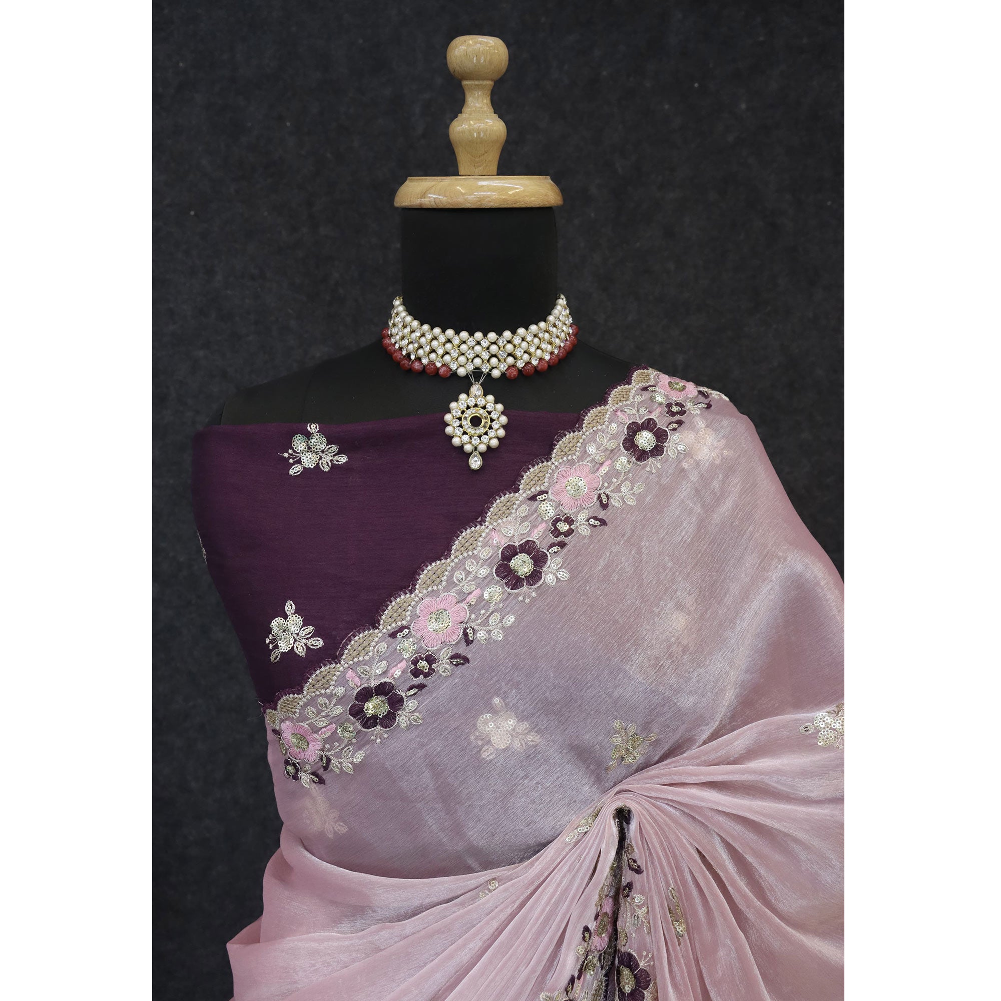 Onion Pink Jimmy Choo Chiffon Saree Adorned With Floral Embroidery & Delicate Sequins Work
