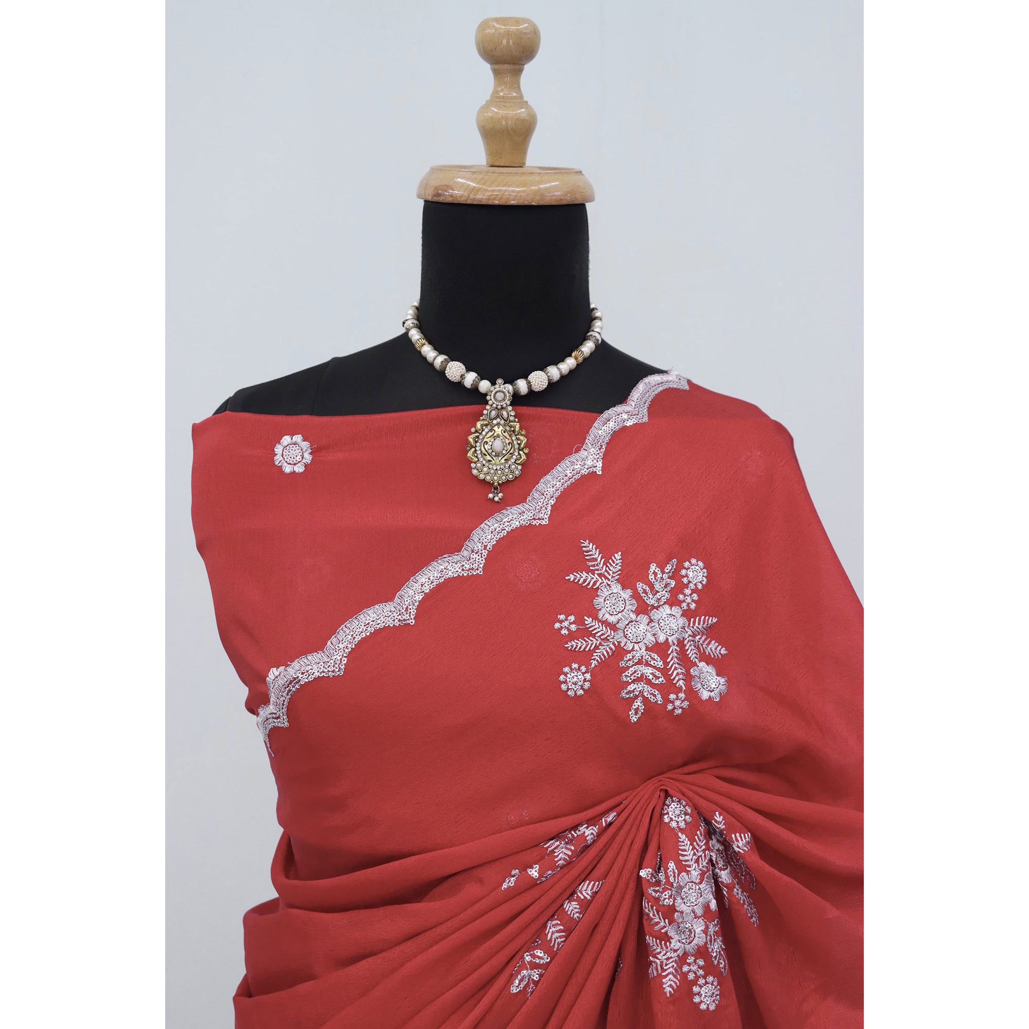 Red Chinon Saree Adorned With Zari Floral Embroidery & Gleaming Sequins Work