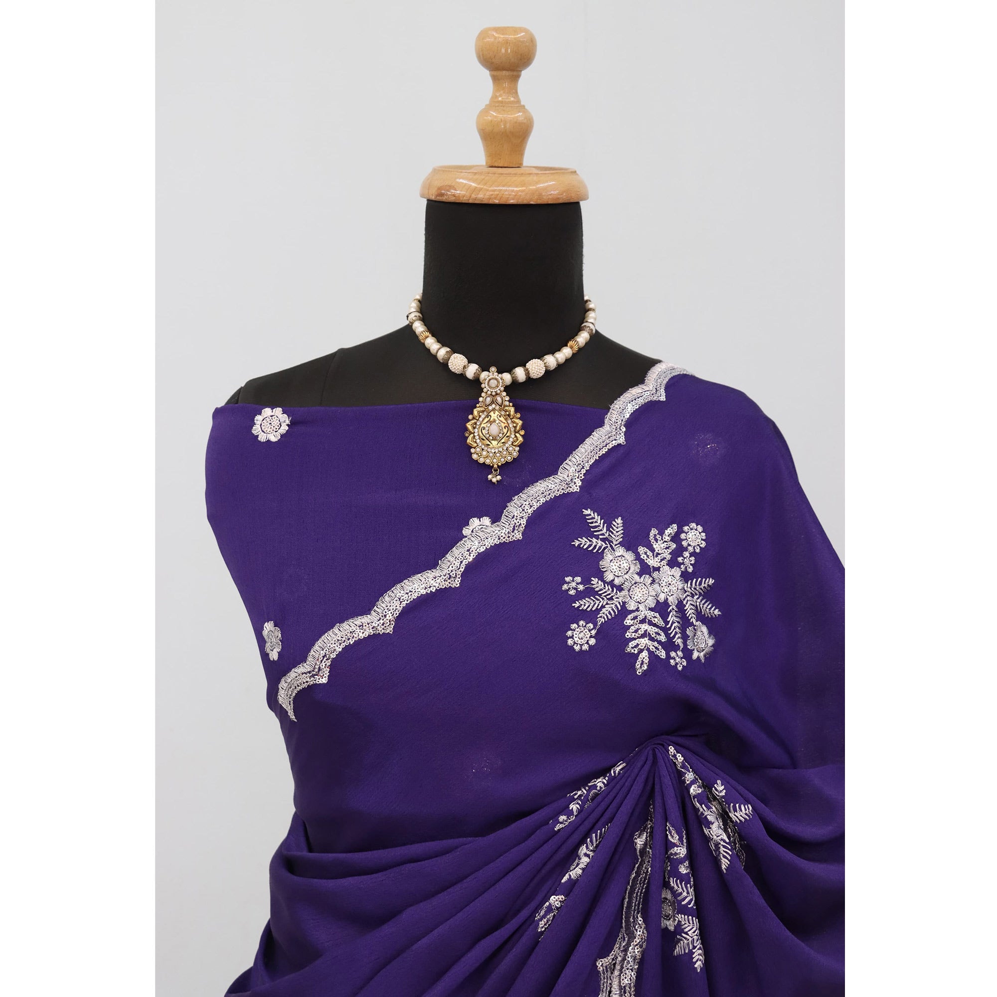 Royal Purple Chinon Saree Adorned With Zari Floral Embroidery & Gleaming Sequins Work
