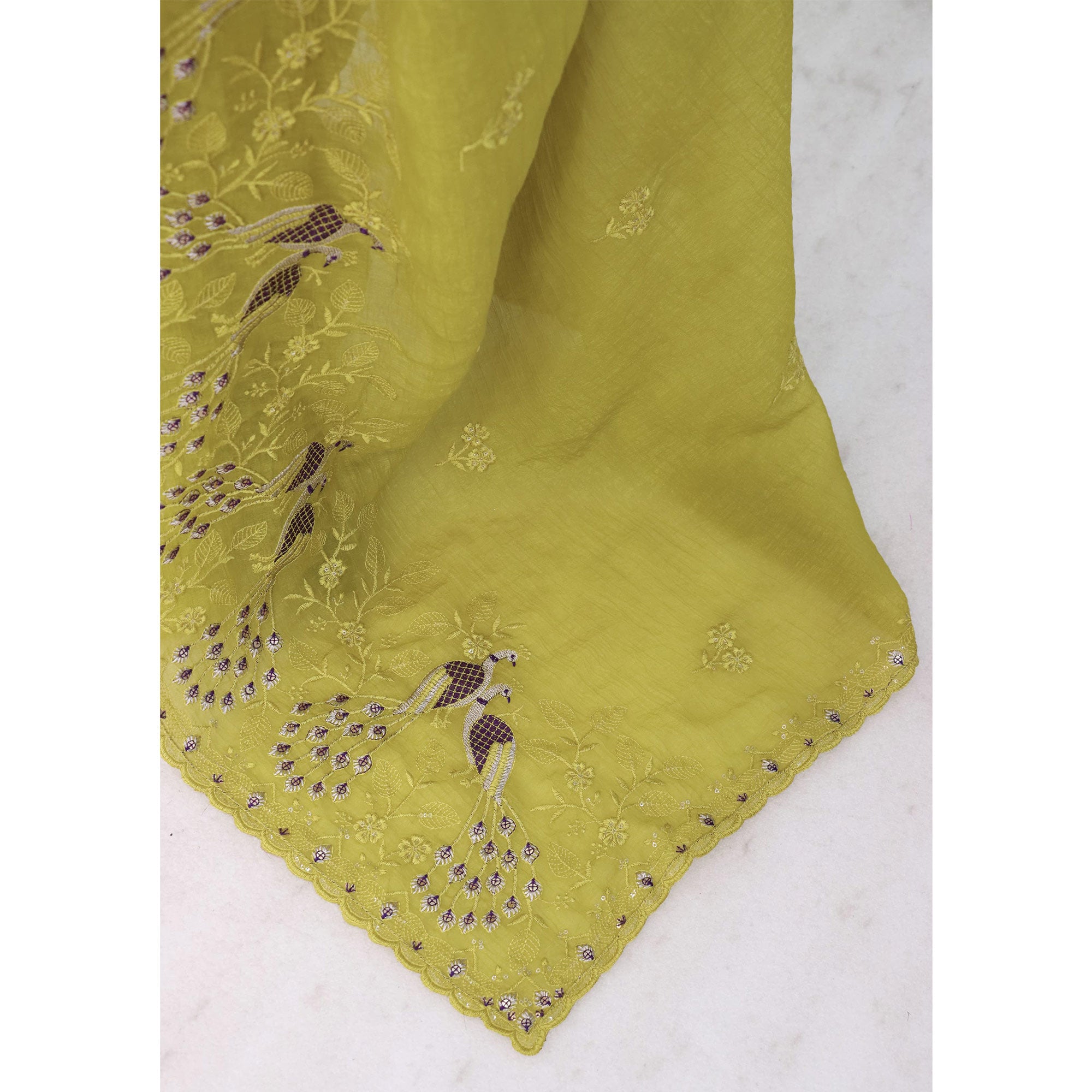 Graceful Green Crunchy Crush Saree With Delicate Floral Thread Embroidery & Sequin Work