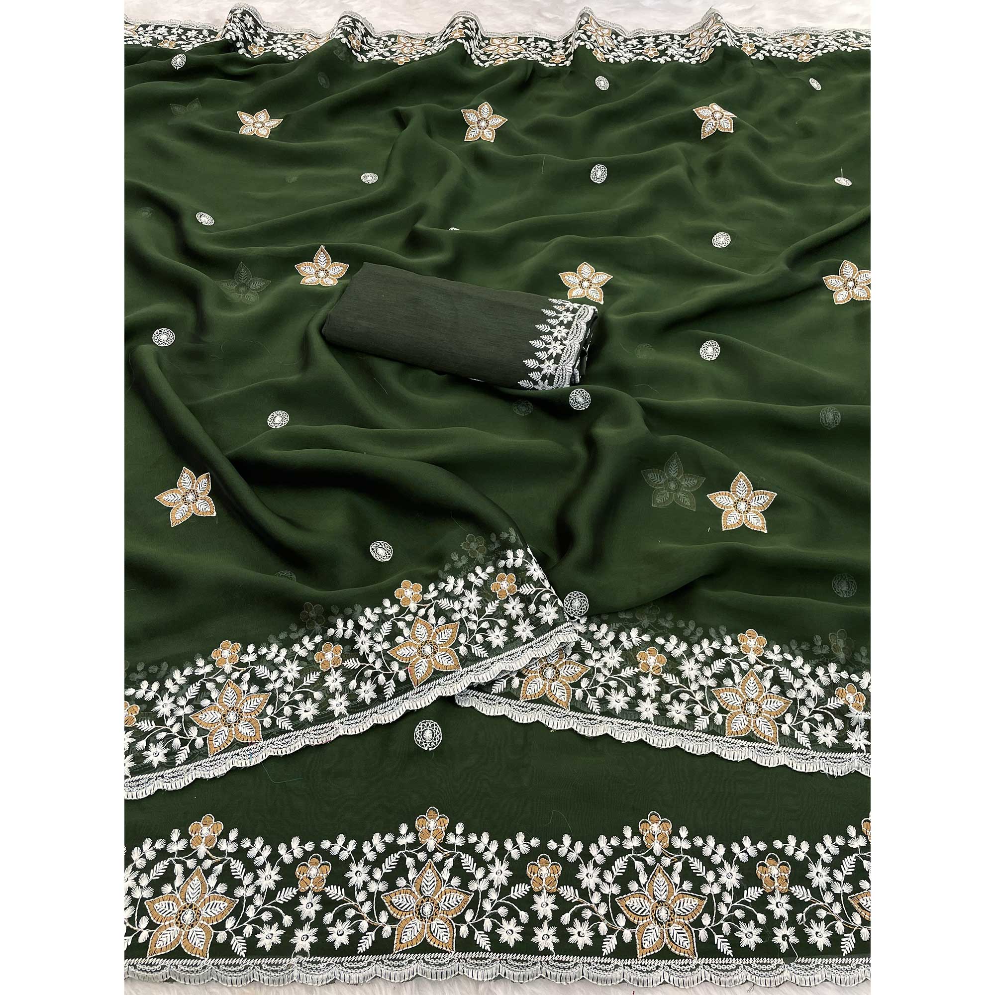 Green Designer Art Silk Saree Enhanced with Fine Floral Embroidery Work